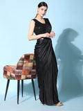 Stunning Black Satin Readymade Reception Wear Saree With Blouse - Zeel Clothing