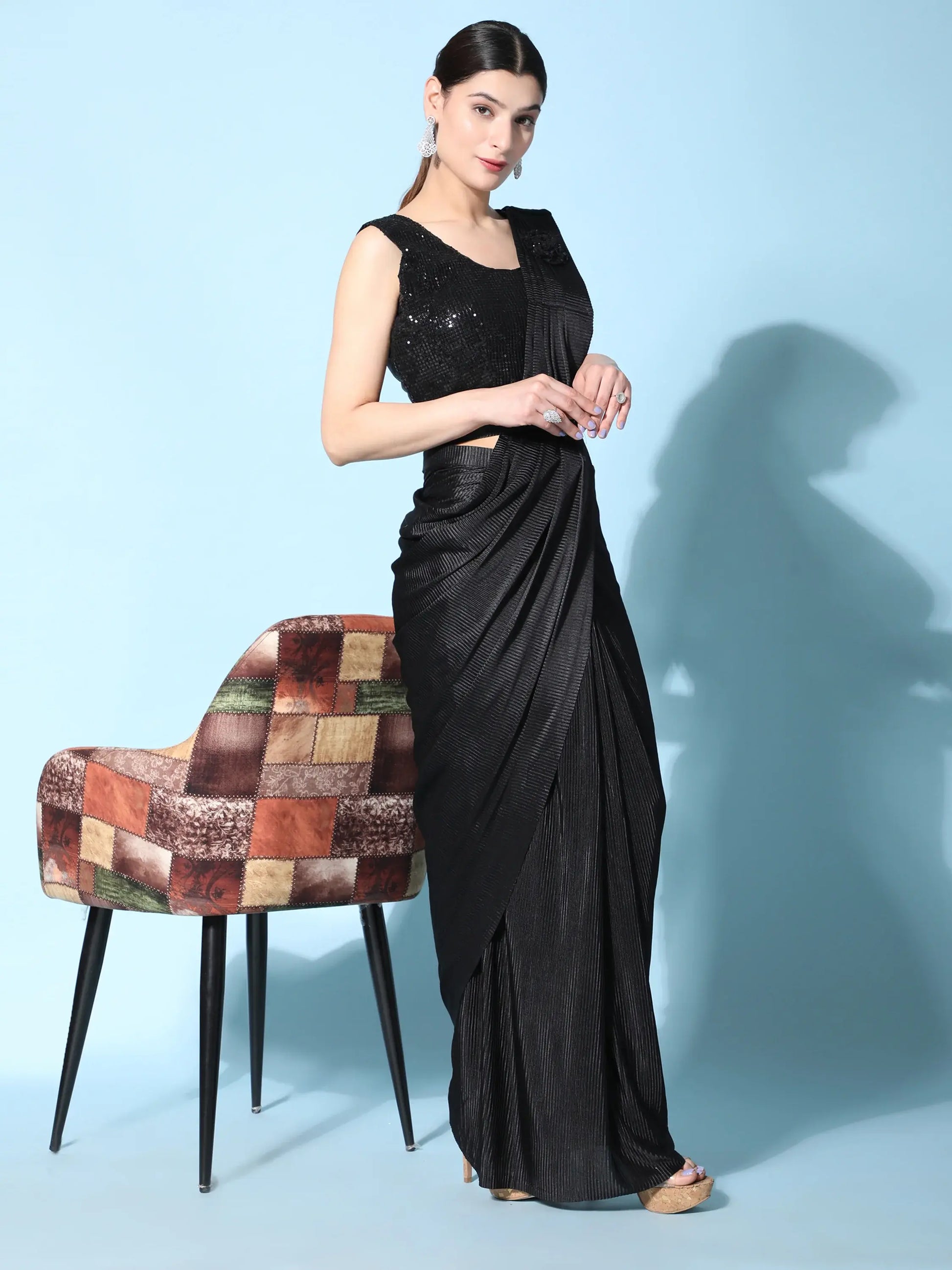 Stunning Black Satin Readymade Reception Wear Saree With Blouse - Zeel Clothing