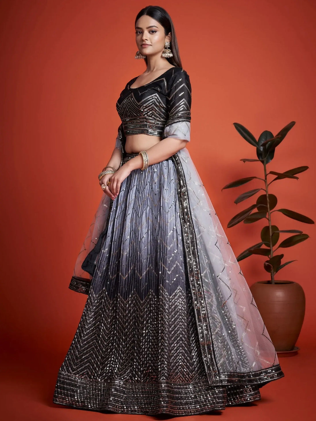 Stunning Black Sequins Chinon Party Wear Lehenga Choli With Dupatta - Zeel Clothing