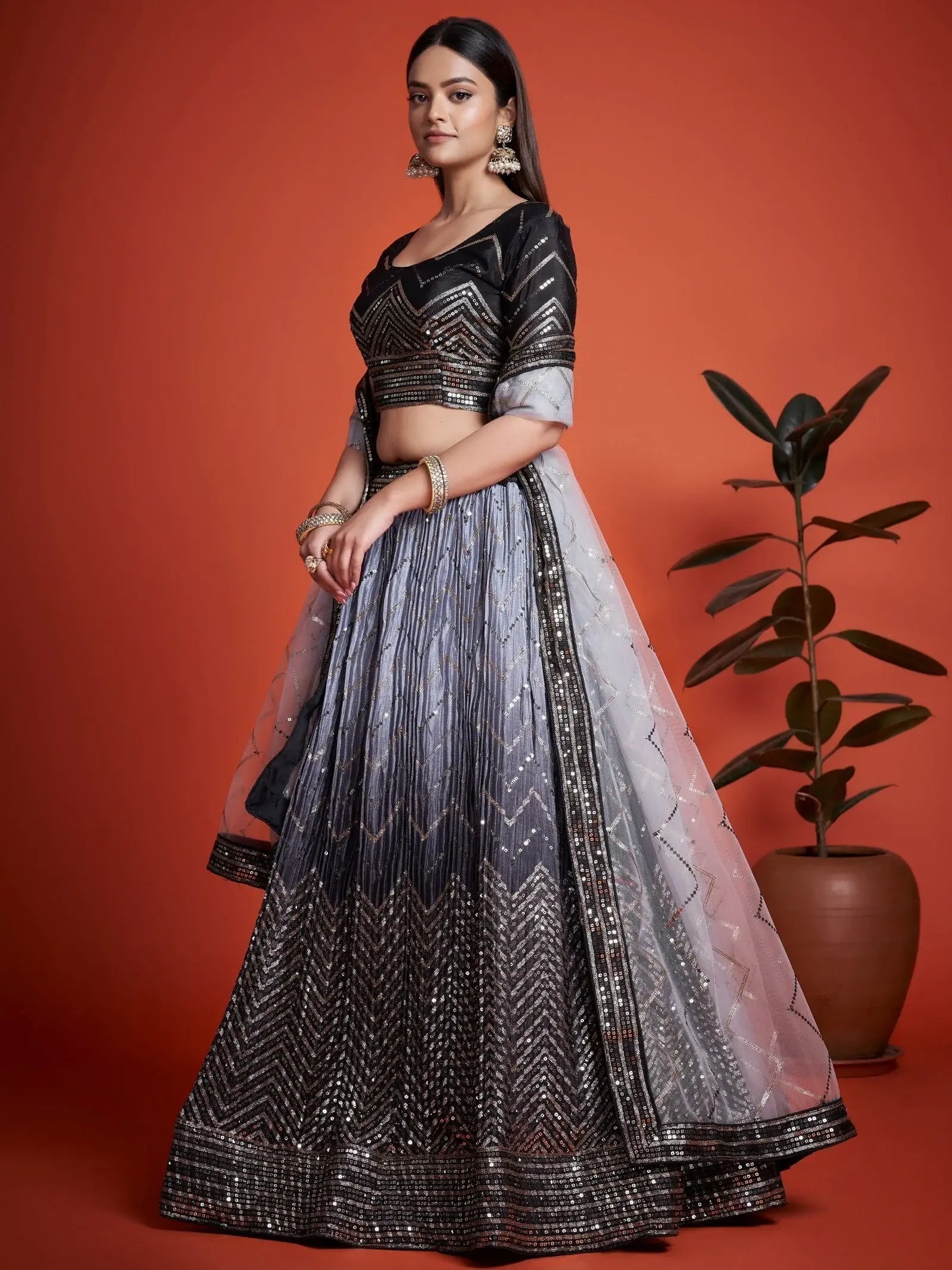 Stunning Black Sequins Chinon Party Wear Lehenga Choli With Dupatta - Zeel Clothing