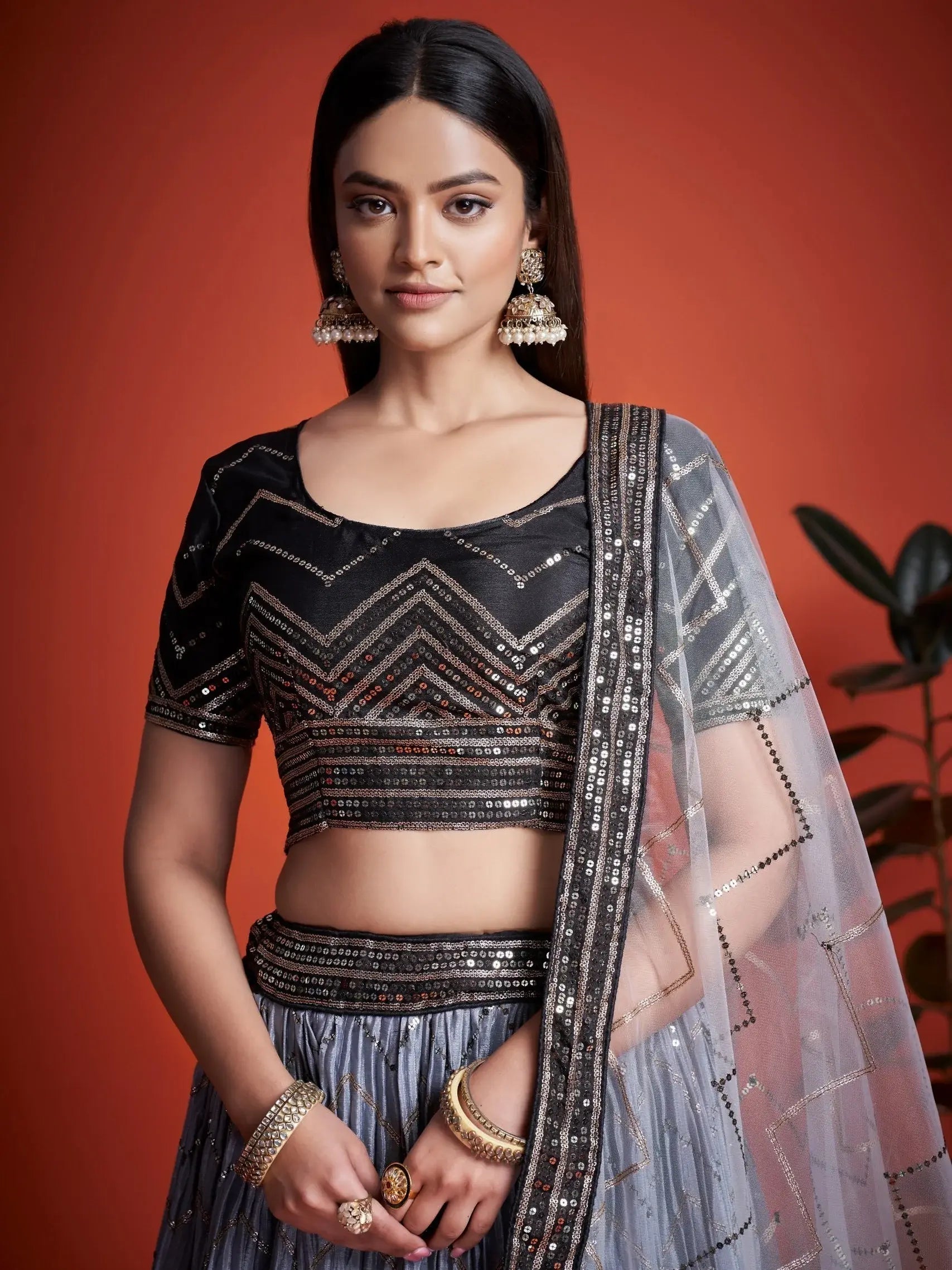 Stunning Black Sequins Chinon Party Wear Lehenga Choli With Dupatta - Zeel Clothing