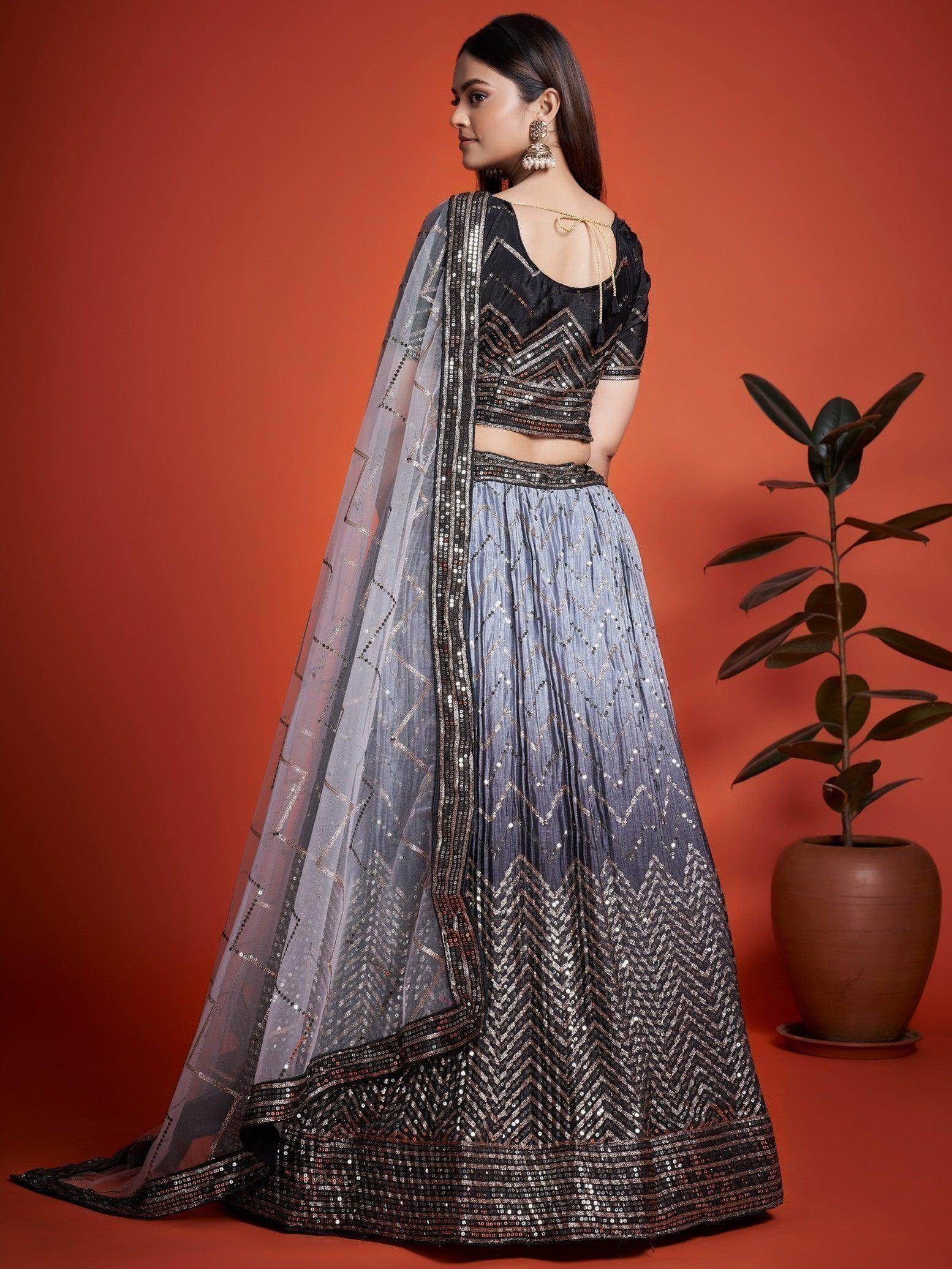 Stunning Black Sequins Chinon Party Wear Lehenga Choli With Dupatta - Zeel Clothing