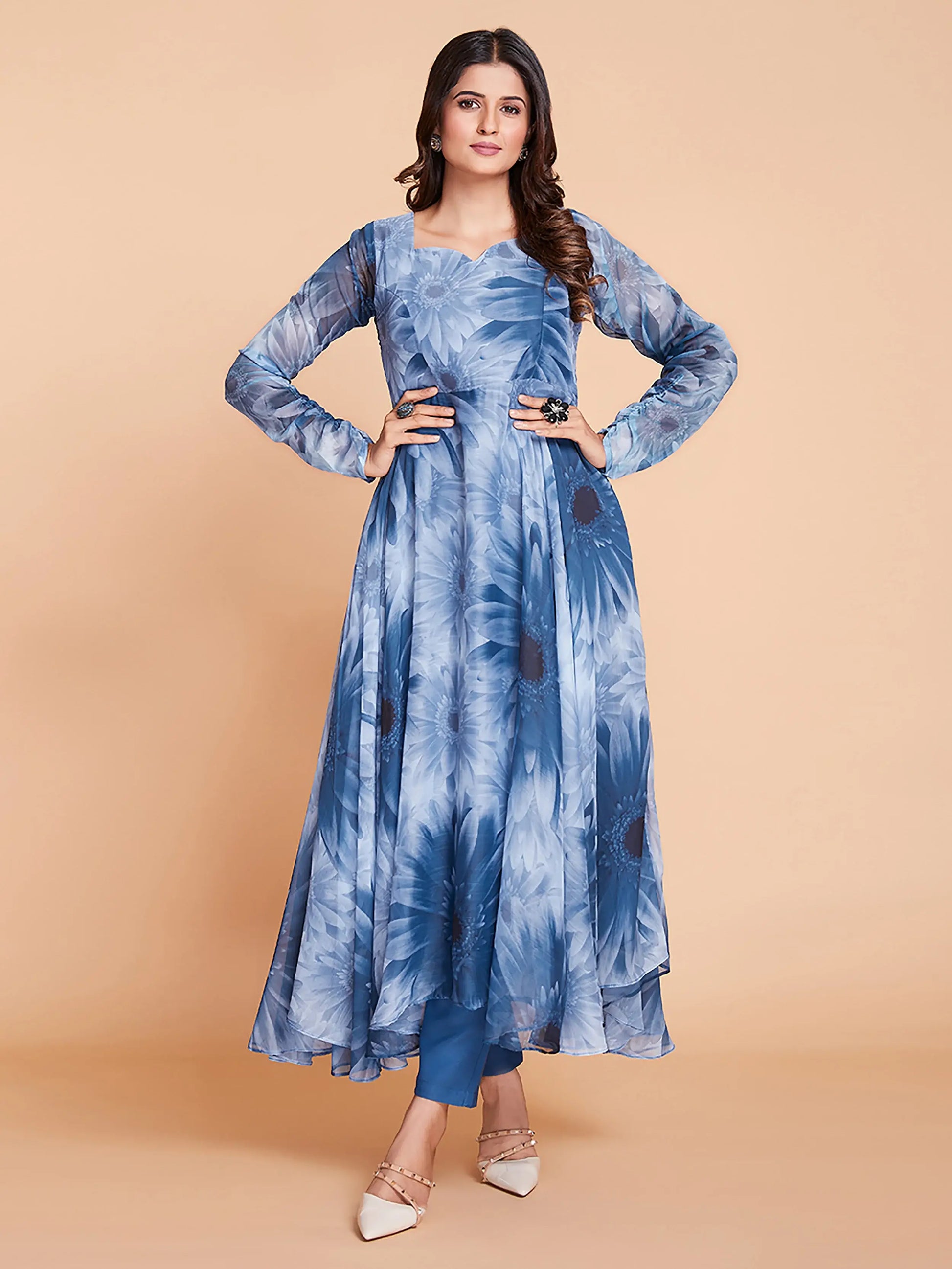 Stunning Blue And White Printed Anarakali Salwar Suit - Zeel Clothing