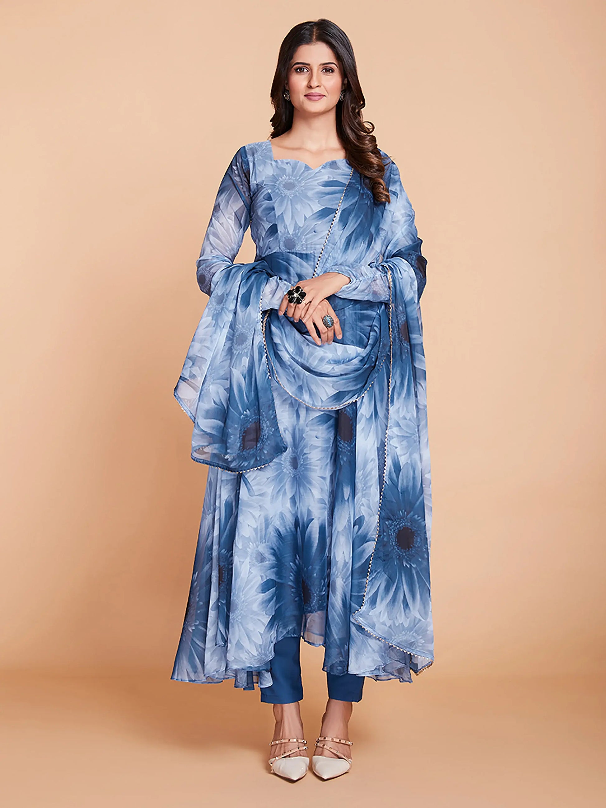 Stunning Blue And White Printed Anarakali Salwar Suit - Zeel Clothing