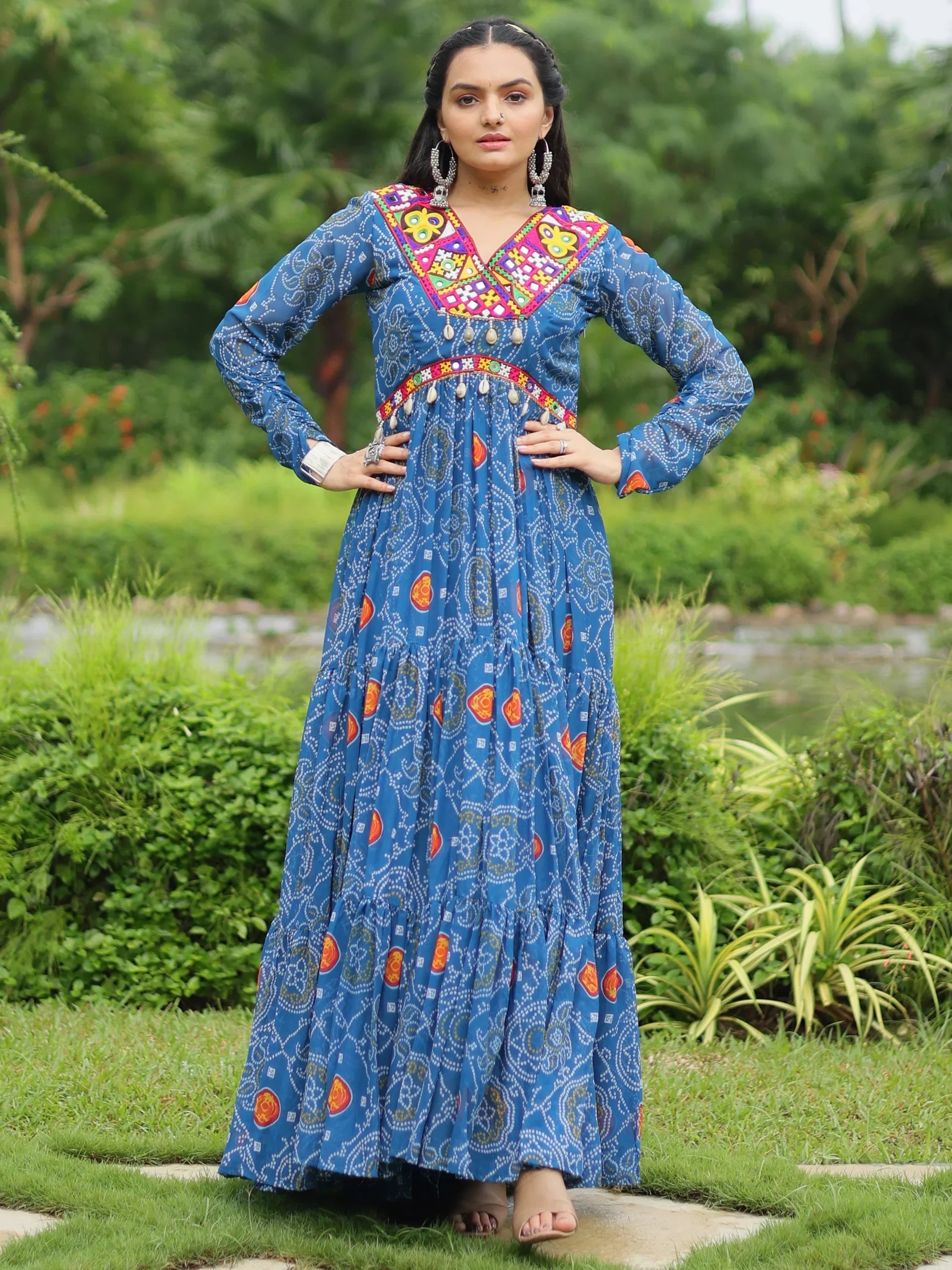 Shop Blue Bandhani Printed Georgette Navratri Gown Online At Zeel Clothing