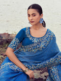 Stunning Blue Heavy Embroidered Satin Wedding Wear Saree With Blouse