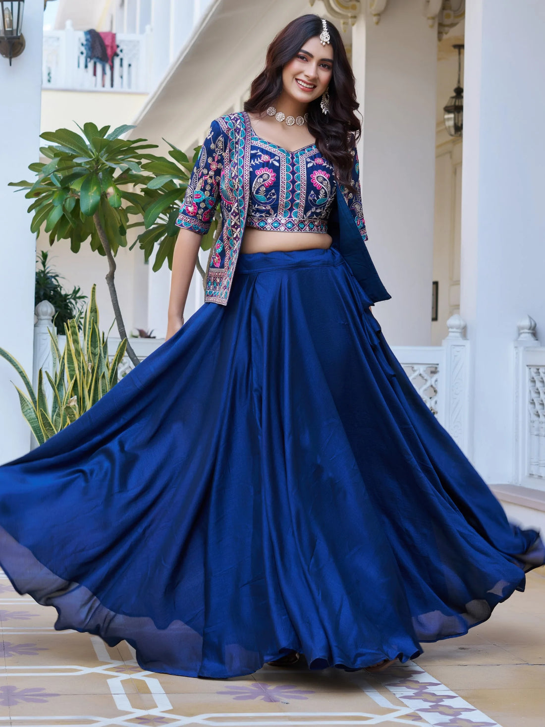 Stunning Blue Thread Embroidered Silk Marriage Wear Lehenga Choli With Jacket