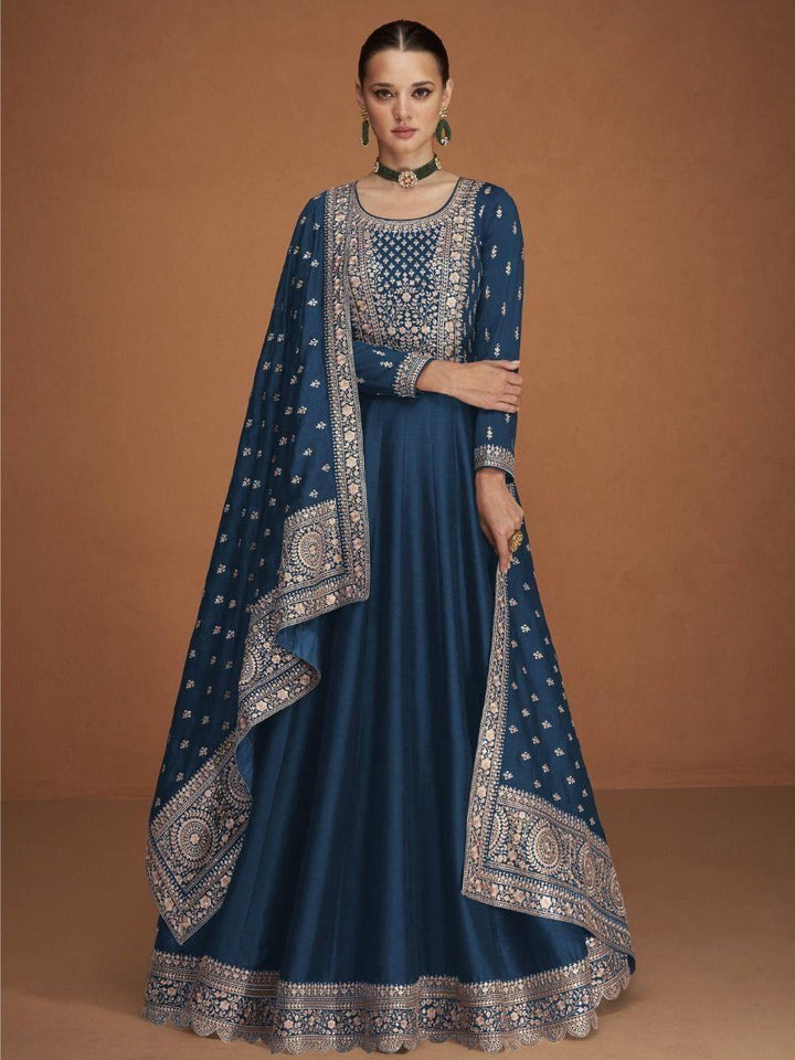 Stunning Blue Zari Embroidered Silk Event Wear Gown