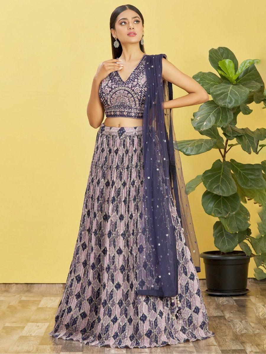 Stunning Blue Zari Work Chinon Traditional Lehenga Choli