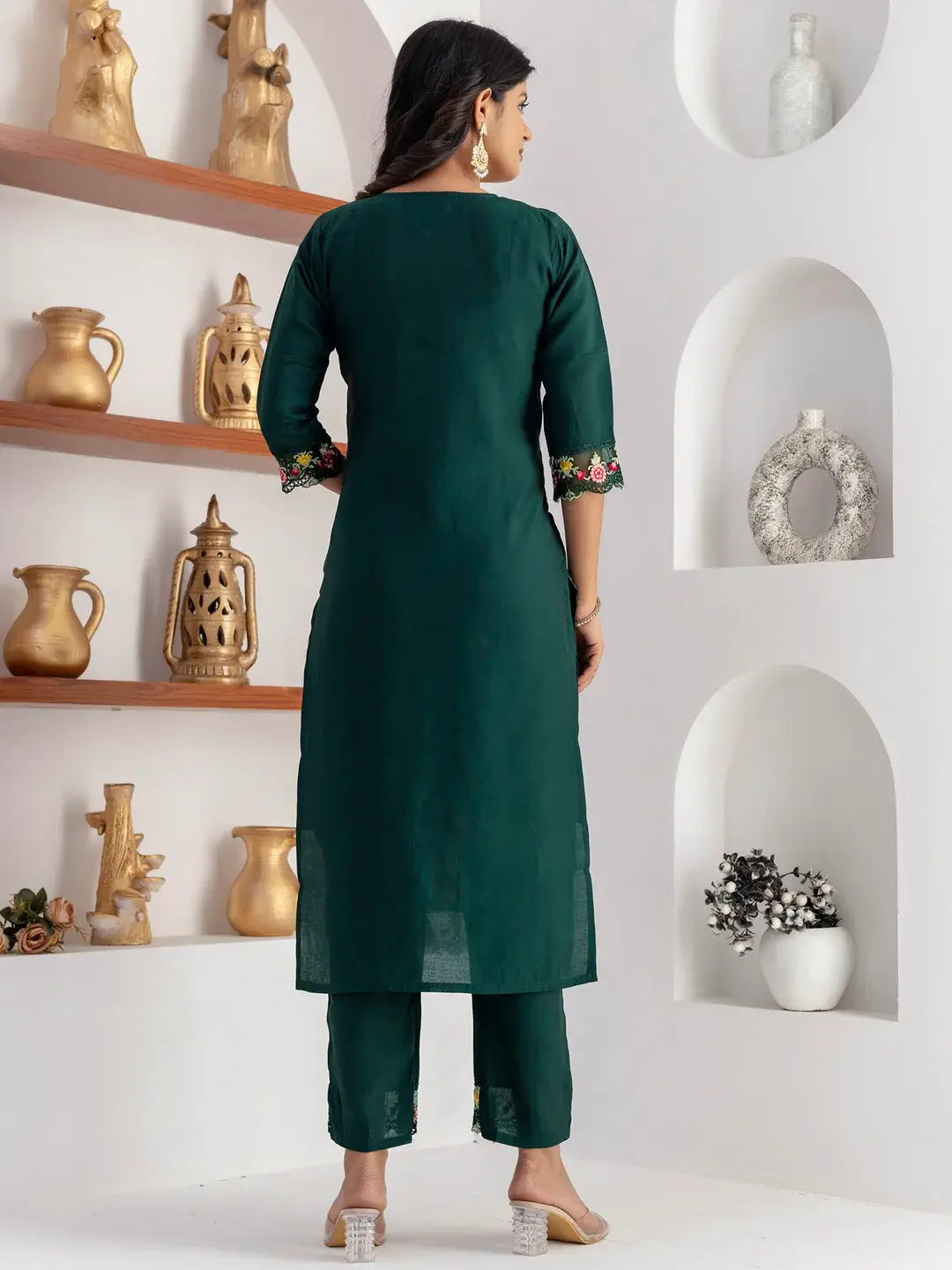 Stunning Bottle Green Thread Work Viscose Silk Casual Wear Pant Suit - Zeel Clothing