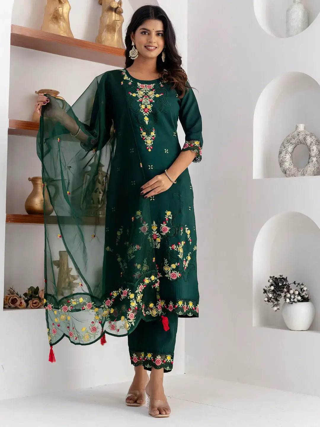 Stunning Bottle Green Thread Work Viscose Silk Casual Wear Pant Suit - Zeel Clothing