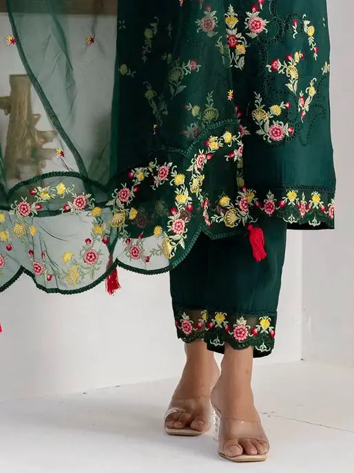 Stunning Bottle Green Thread Work Viscose Silk Casual Wear Pant Suit - Zeel Clothing