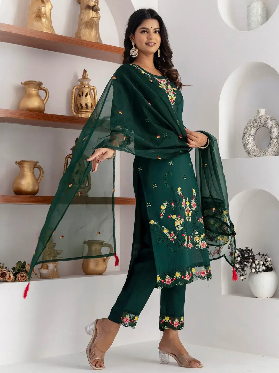 Stunning Bottle Green Thread Work Viscose Silk Casual Wear Pant Suit - Zeel Clothing