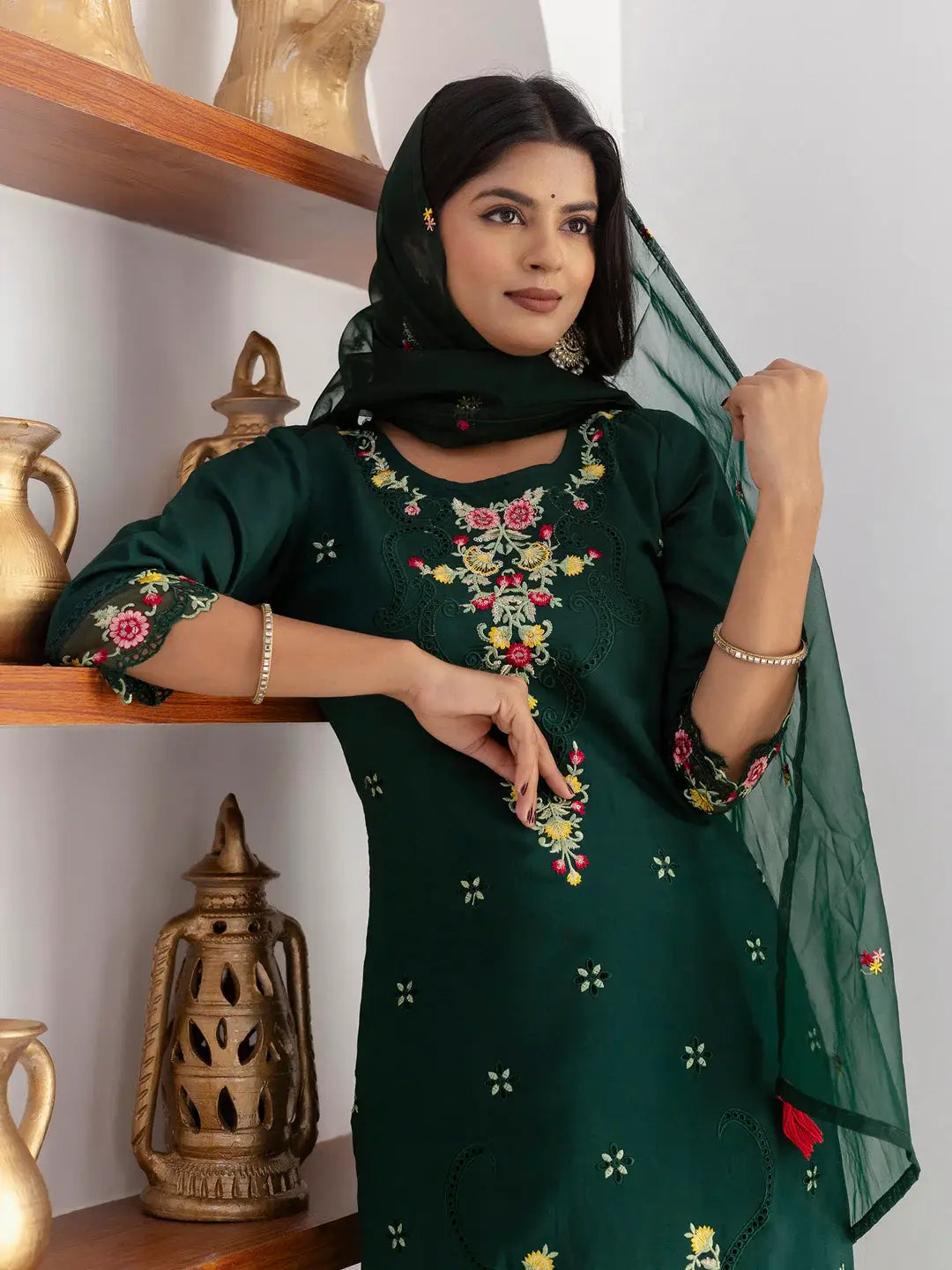 Stunning Bottle Green Thread Work Viscose Silk Casual Wear Pant Suit - Zeel Clothing