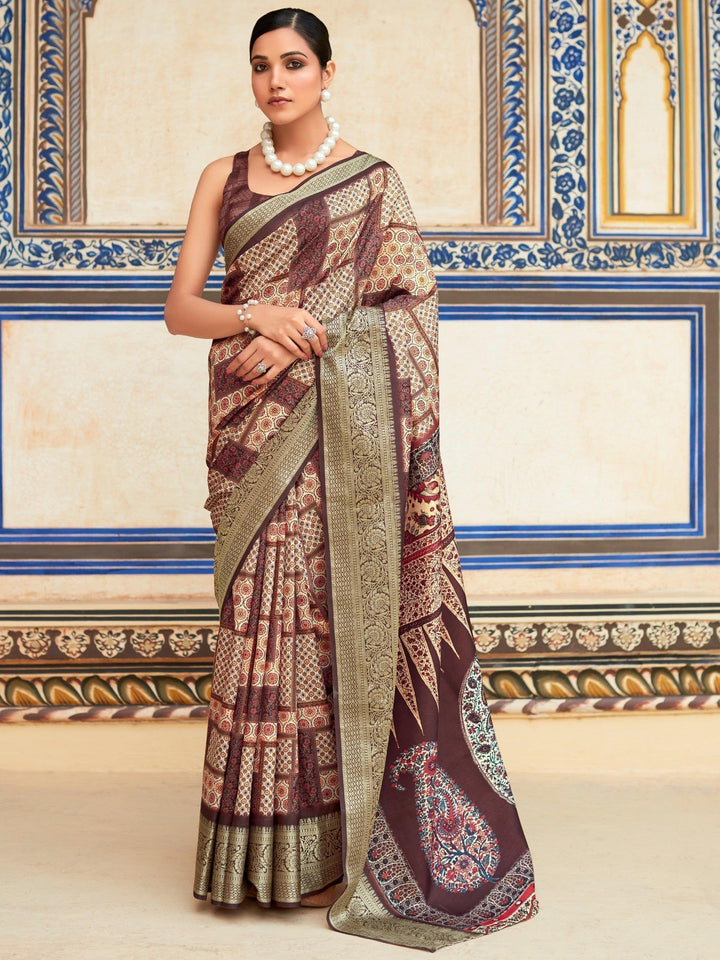 Stunning Brown Digital Printed Silk Festive Wear Saree With Blouse