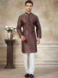 Stunning Brown Digital Printed Silk Traditional Men Kurta With Pant Set