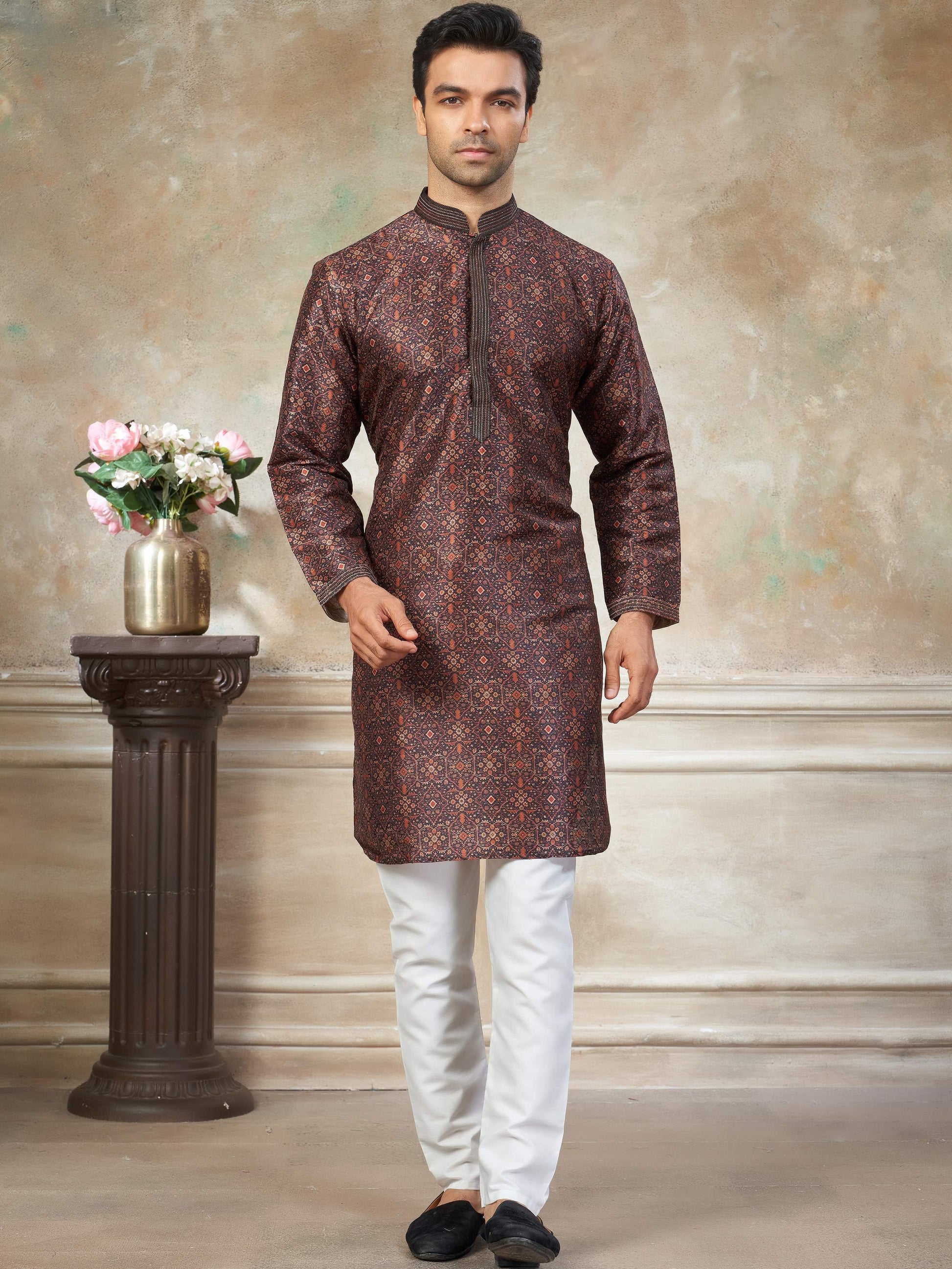Stunning Brown Digital Printed Silk Traditional Men Kurta With Pant Set