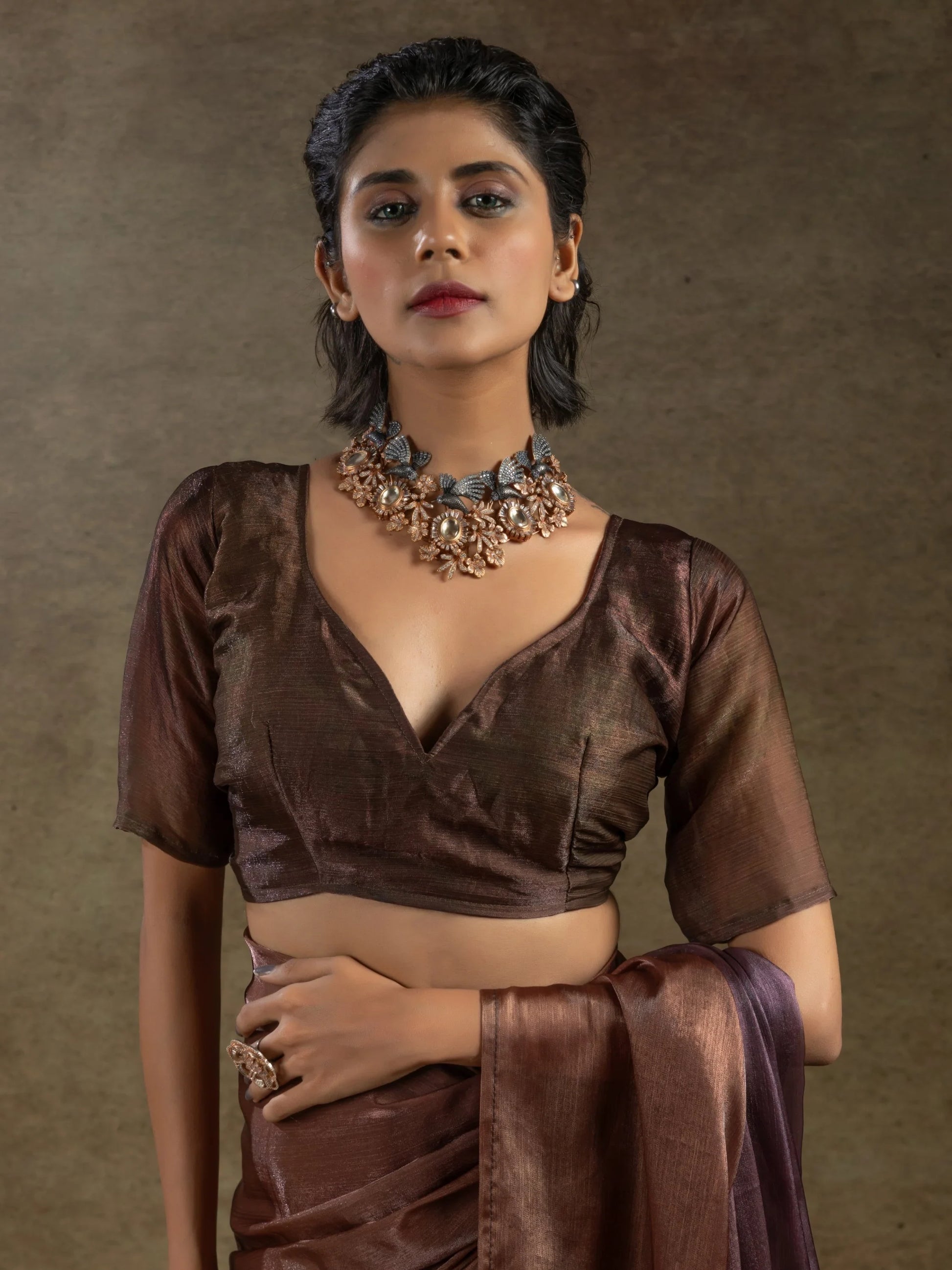 Stunning Brown Satin Festive Wear Pre-Stitched Saree With Blouse - Zeel Clothing