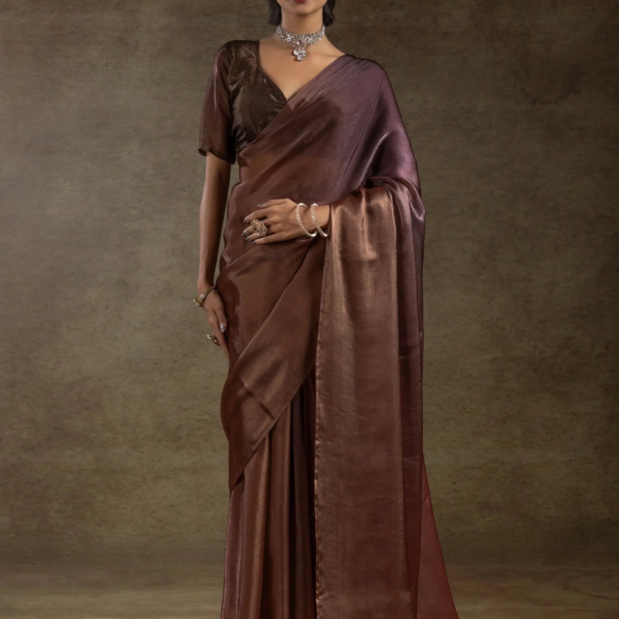 Stunning Brown Satin Festive Wear Pre-Stitched Saree With Blouse - Zeel Clothing