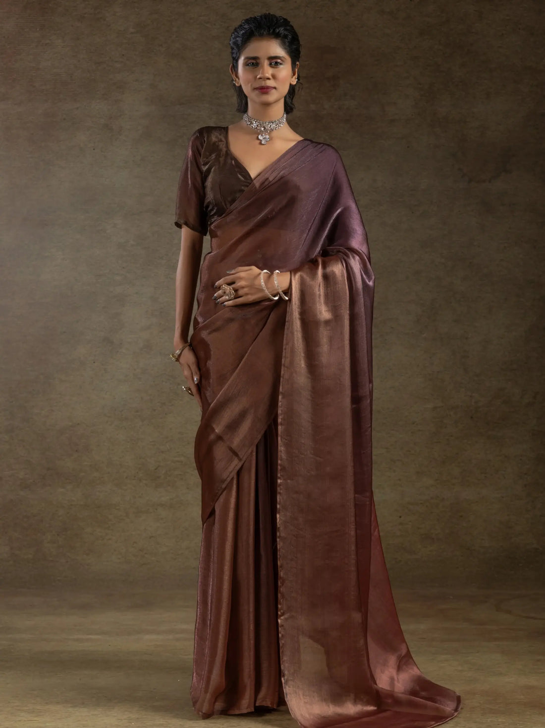 Stunning Brown Satin Festive Wear Pre-Stitched Saree With Blouse - Zeel Clothing