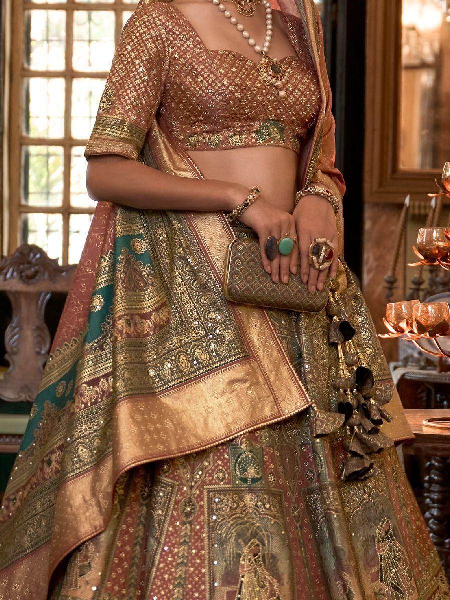 Stunning Brown Woven Rajwadi Silk Wedding Lehenga Choli With Dupatta - Zeel Clothing