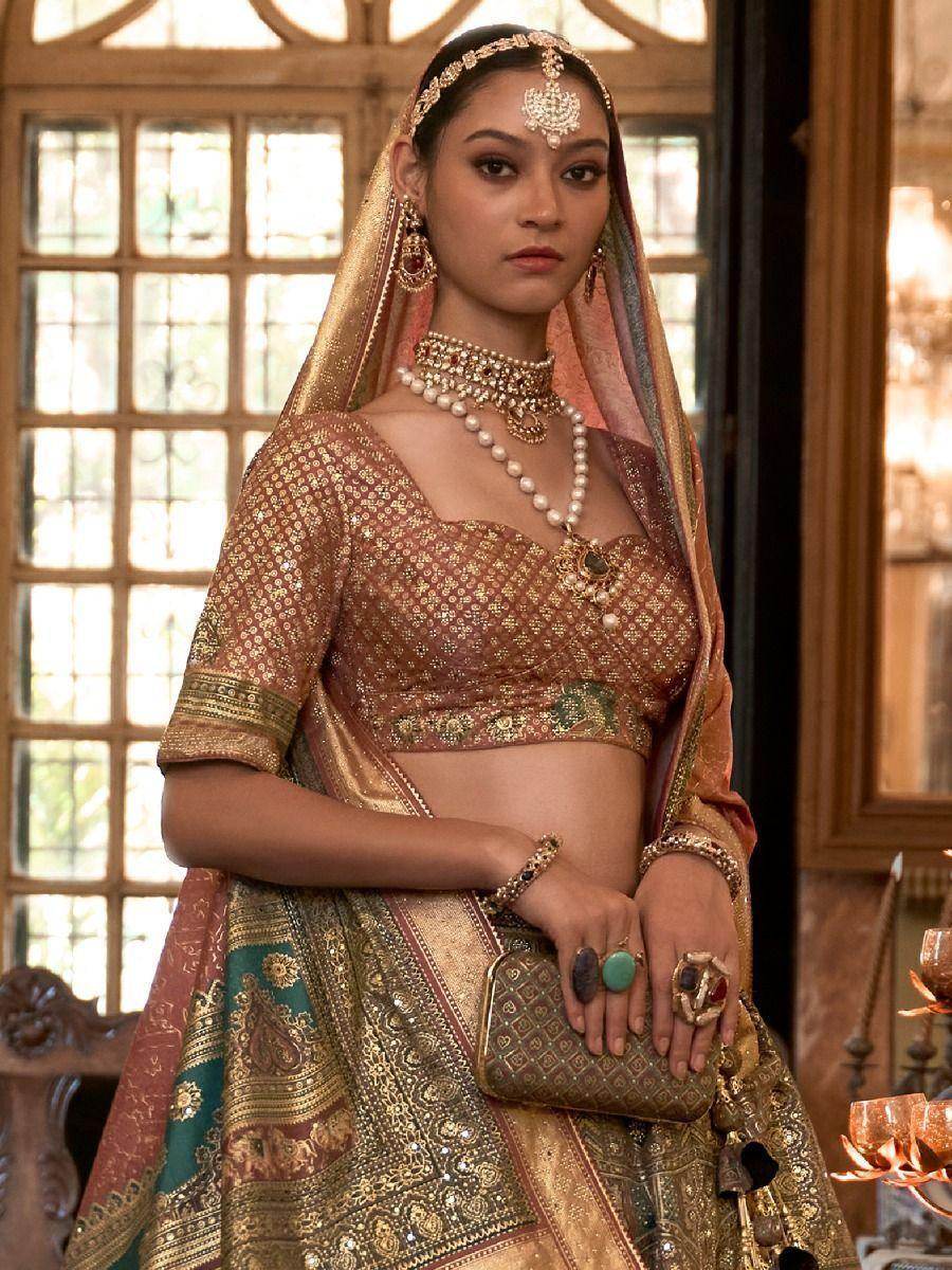 Stunning Brown Woven Rajwadi Silk Wedding Lehenga Choli With Dupatta - Zeel Clothing