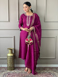 Stunning Burgundy Embroidered Chanderi Silk Readymade Pant Suit - Zeel Clothing