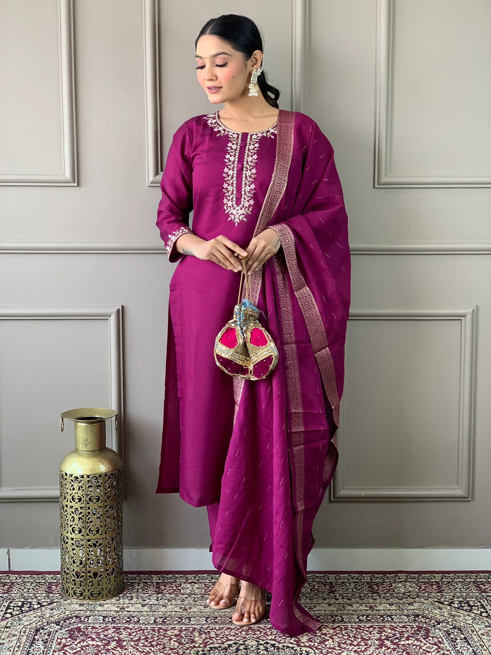 Stunning Burgundy Embroidered Chanderi Silk Readymade Pant Suit - Zeel Clothing