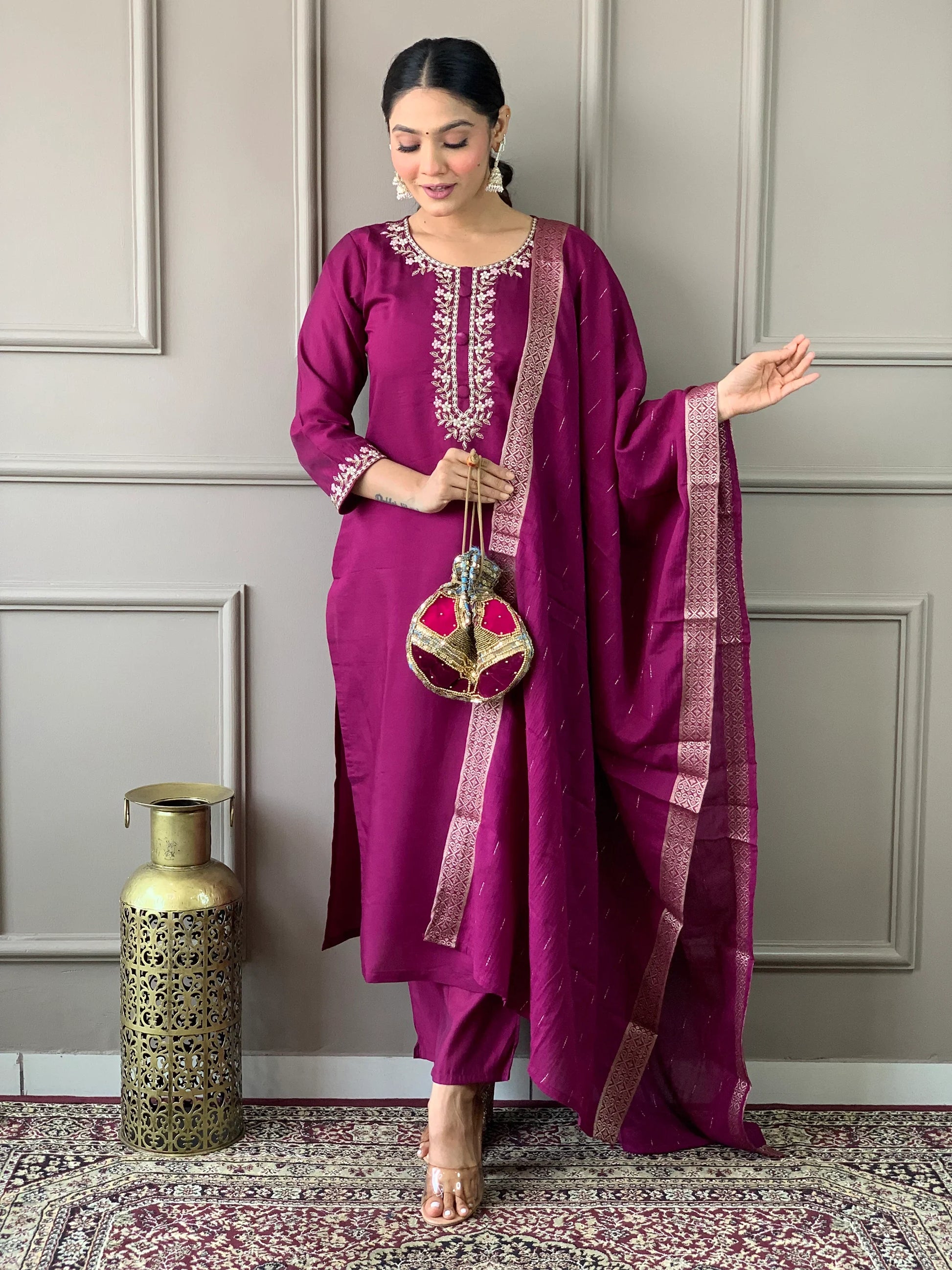 Stunning Burgundy Embroidered Chanderi Silk Readymade Pant Suit - Zeel Clothing
