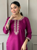 Stunning Burgundy Embroidered Chanderi Silk Readymade Pant Suit - Zeel Clothing