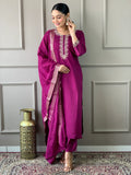 Stunning Burgundy Embroidered Chanderi Silk Readymade Pant Suit - Zeel Clothing