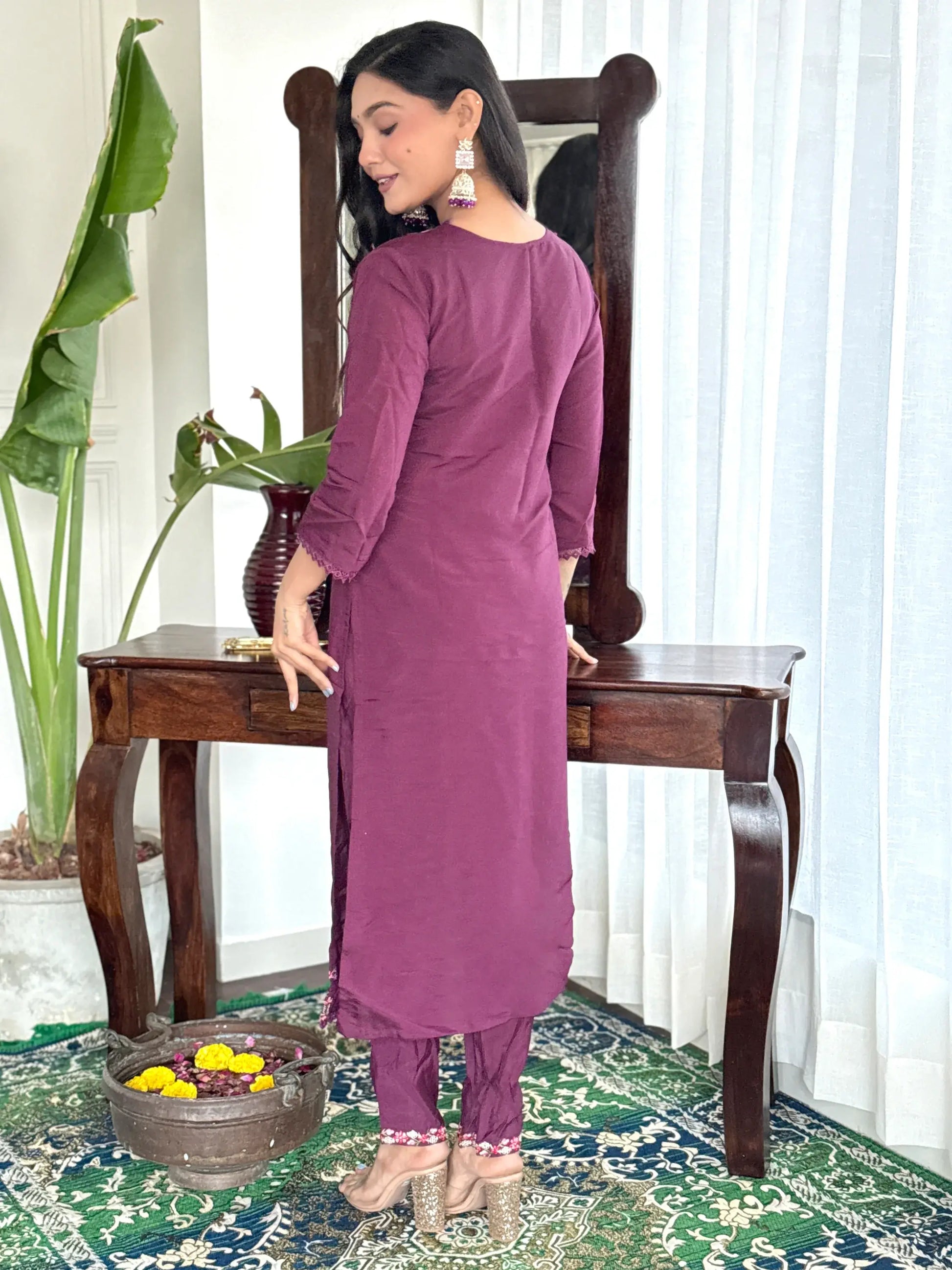 Stunning Burgundy Embroidered Chanderi Silk Readymade Suit Pant - Zeel Clothing