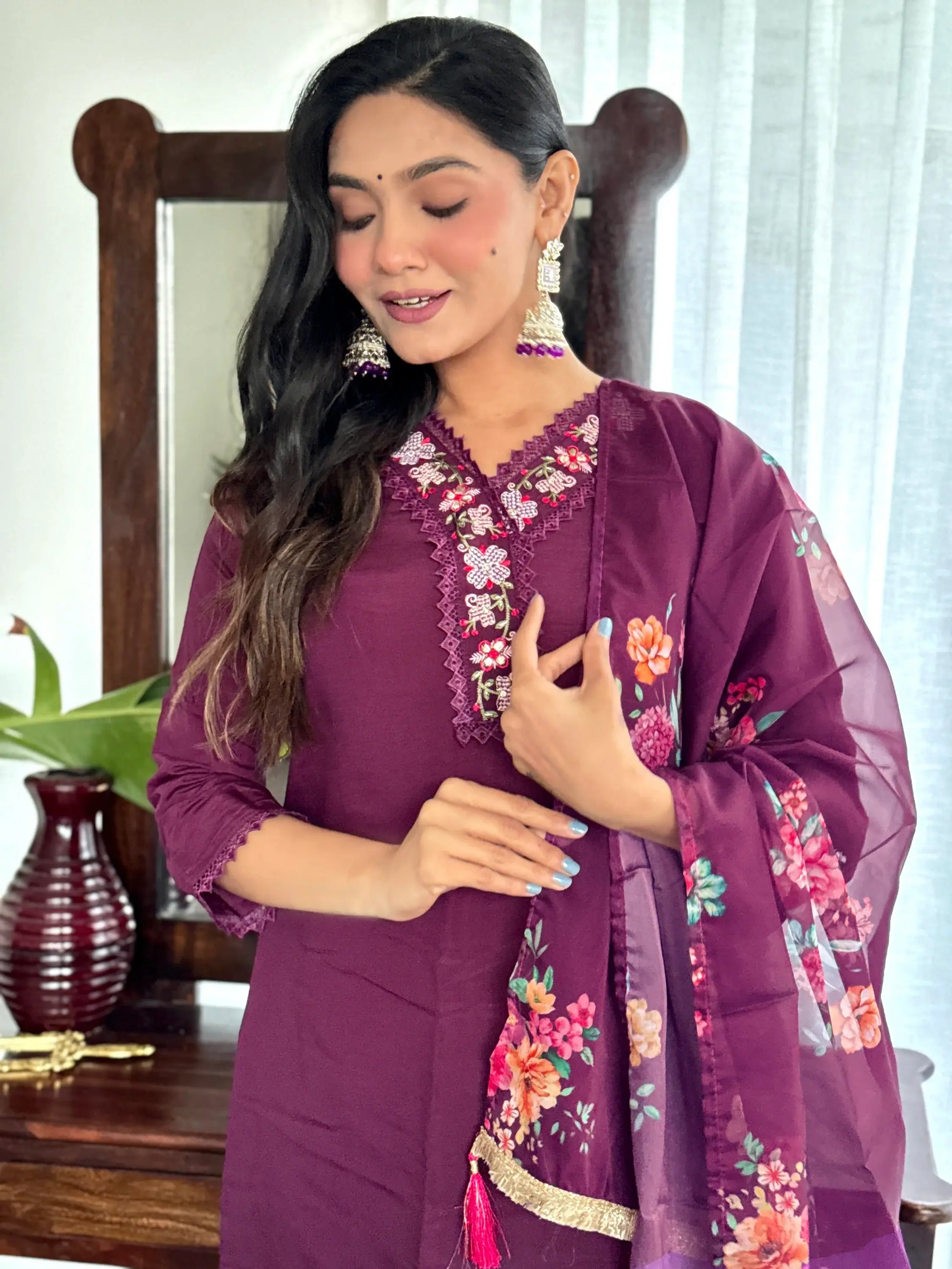 Stunning Burgundy Embroidered Chanderi Silk Readymade Suit Pant - Zeel Clothing