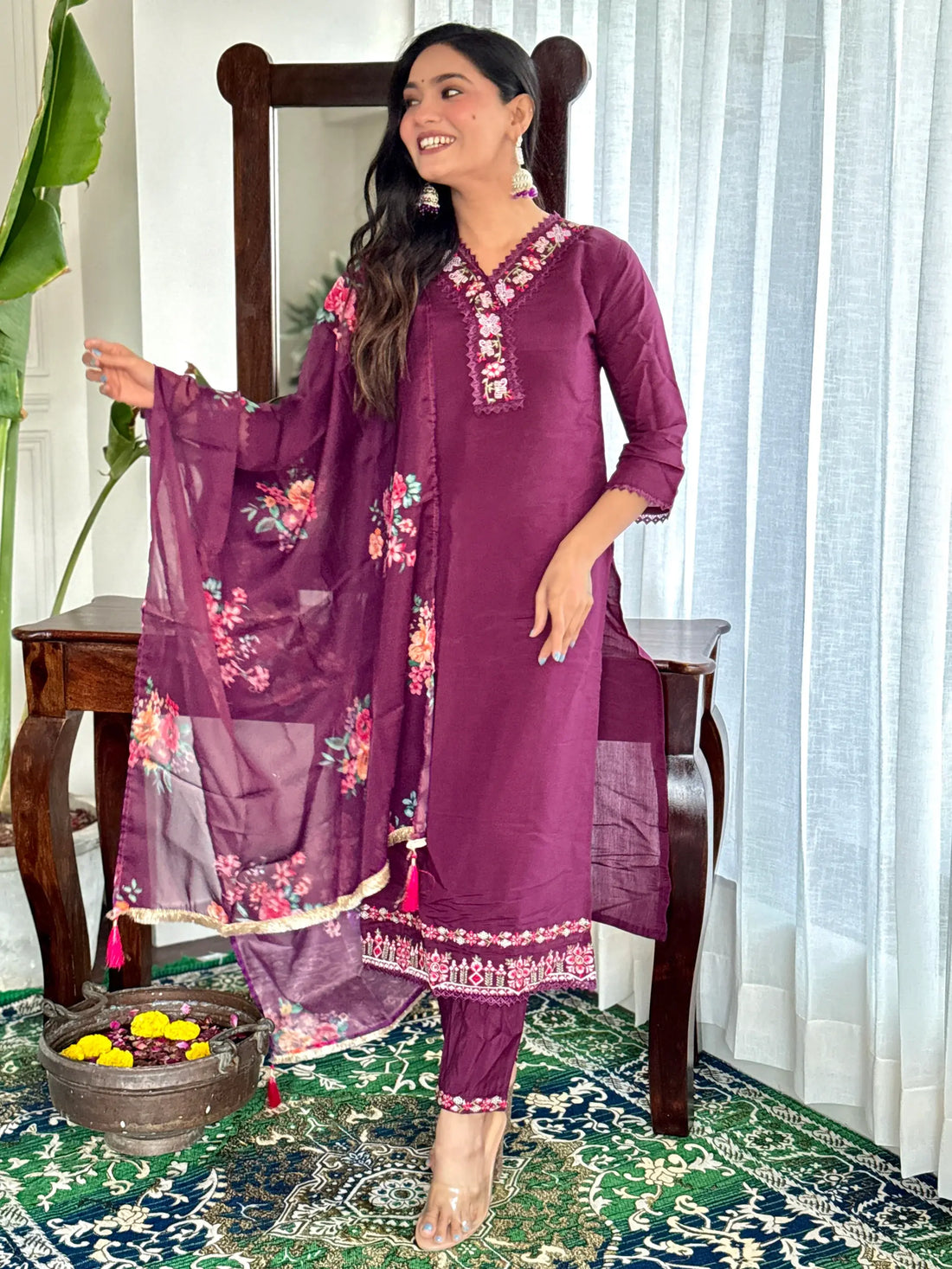 Stunning Burgundy Embroidered Chanderi Silk Readymade Suit Pant - Zeel Clothing