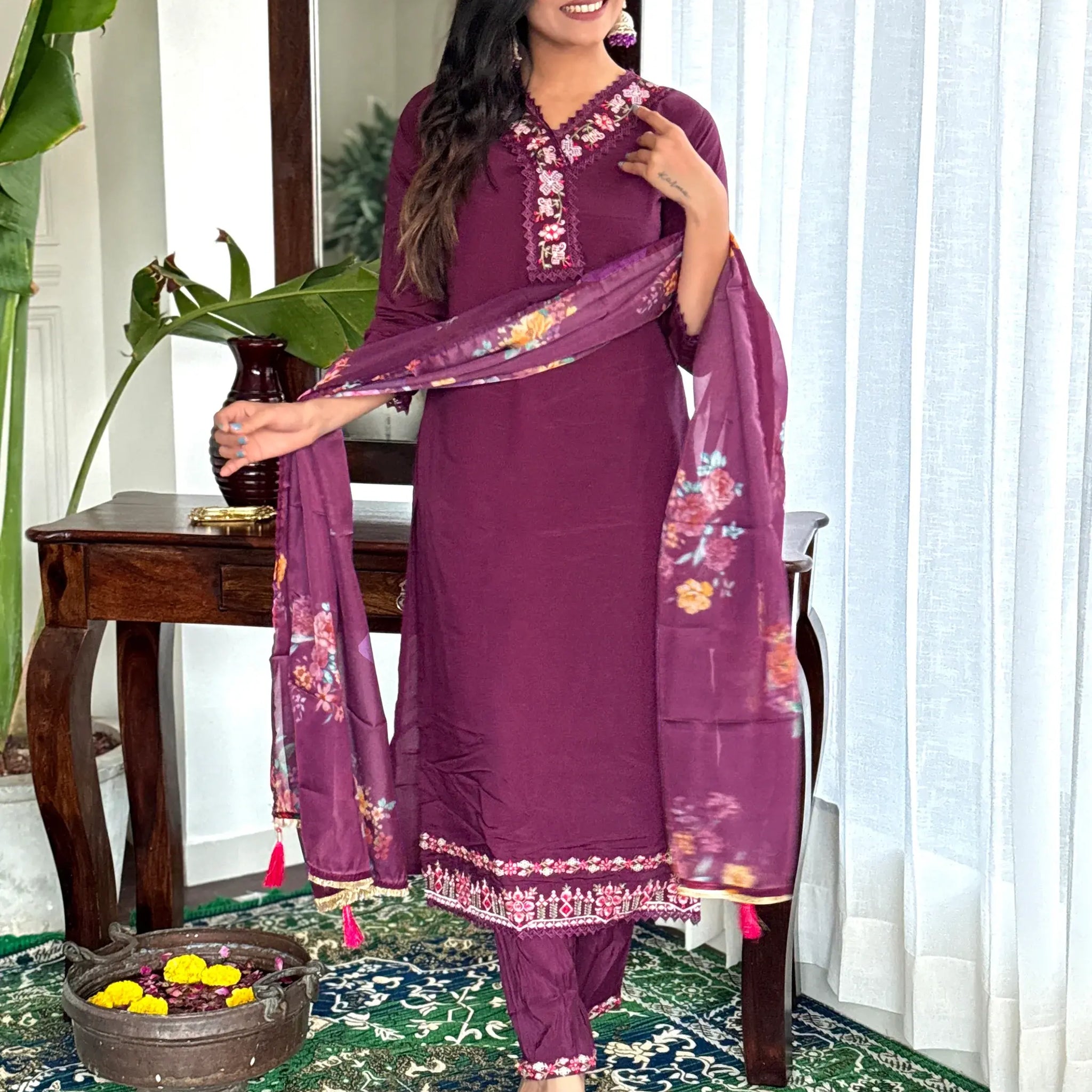 Stunning Burgundy Embroidered Chanderi Silk Readymade Suit Pant - Zeel Clothing