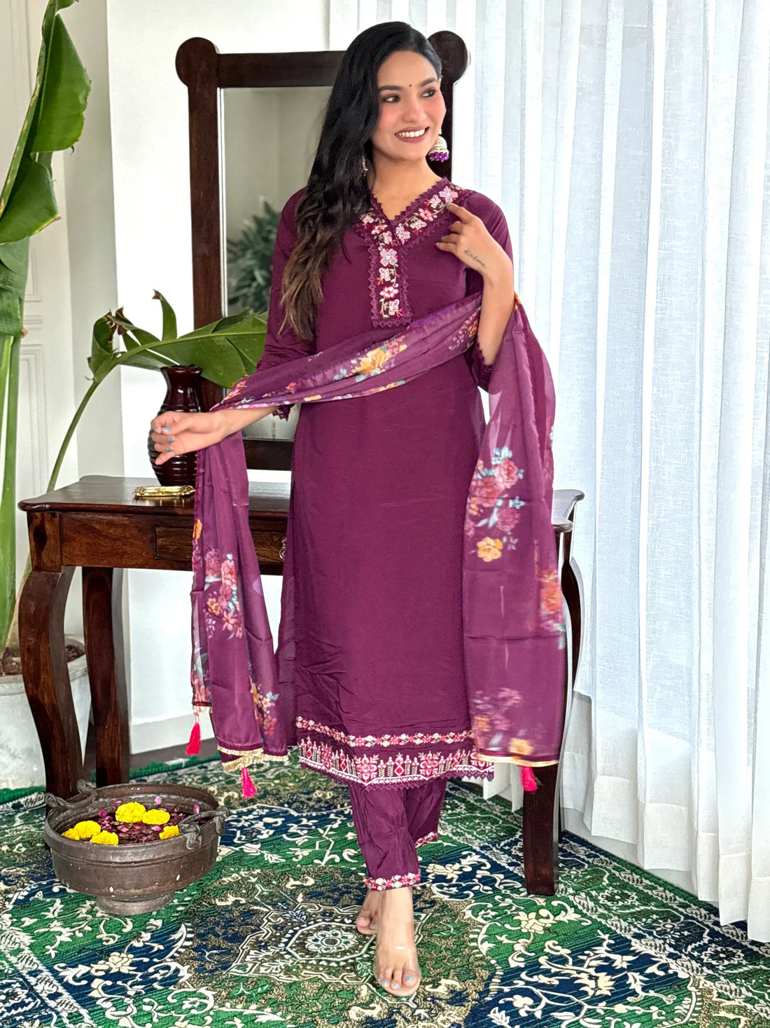 Stunning Burgundy Embroidered Chanderi Silk Readymade Suit Pant - Zeel Clothing
