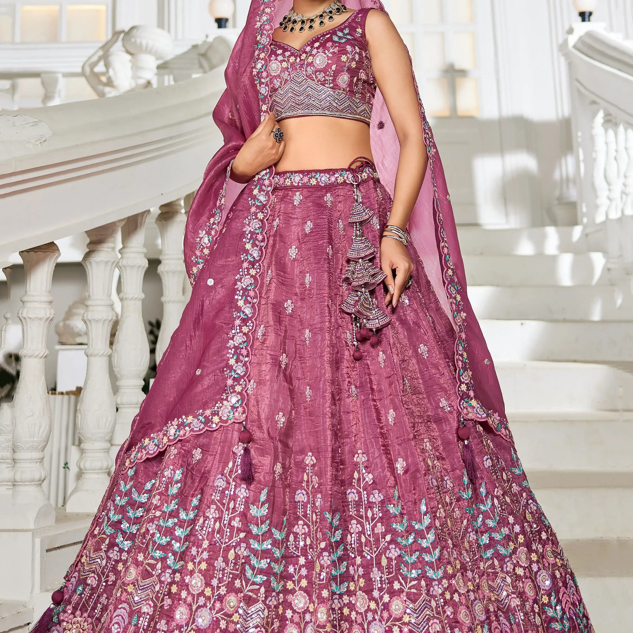 Stunning Burgundy Sequins Tissue Silk Bridesmaid Lehenga Choli - Zeel Clothing