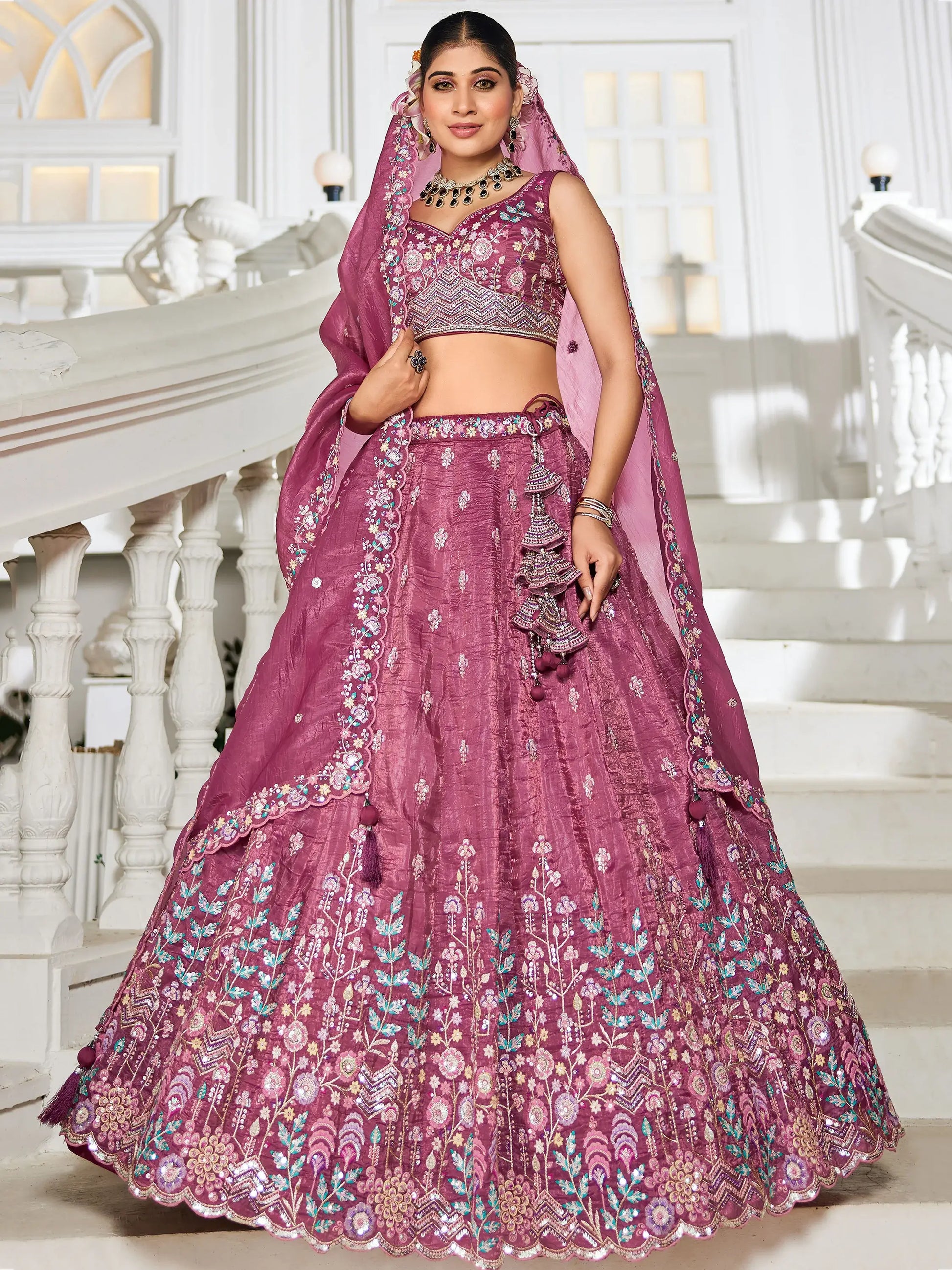 Stunning Burgundy Sequins Tissue Silk Bridesmaid Lehenga Choli - Zeel Clothing