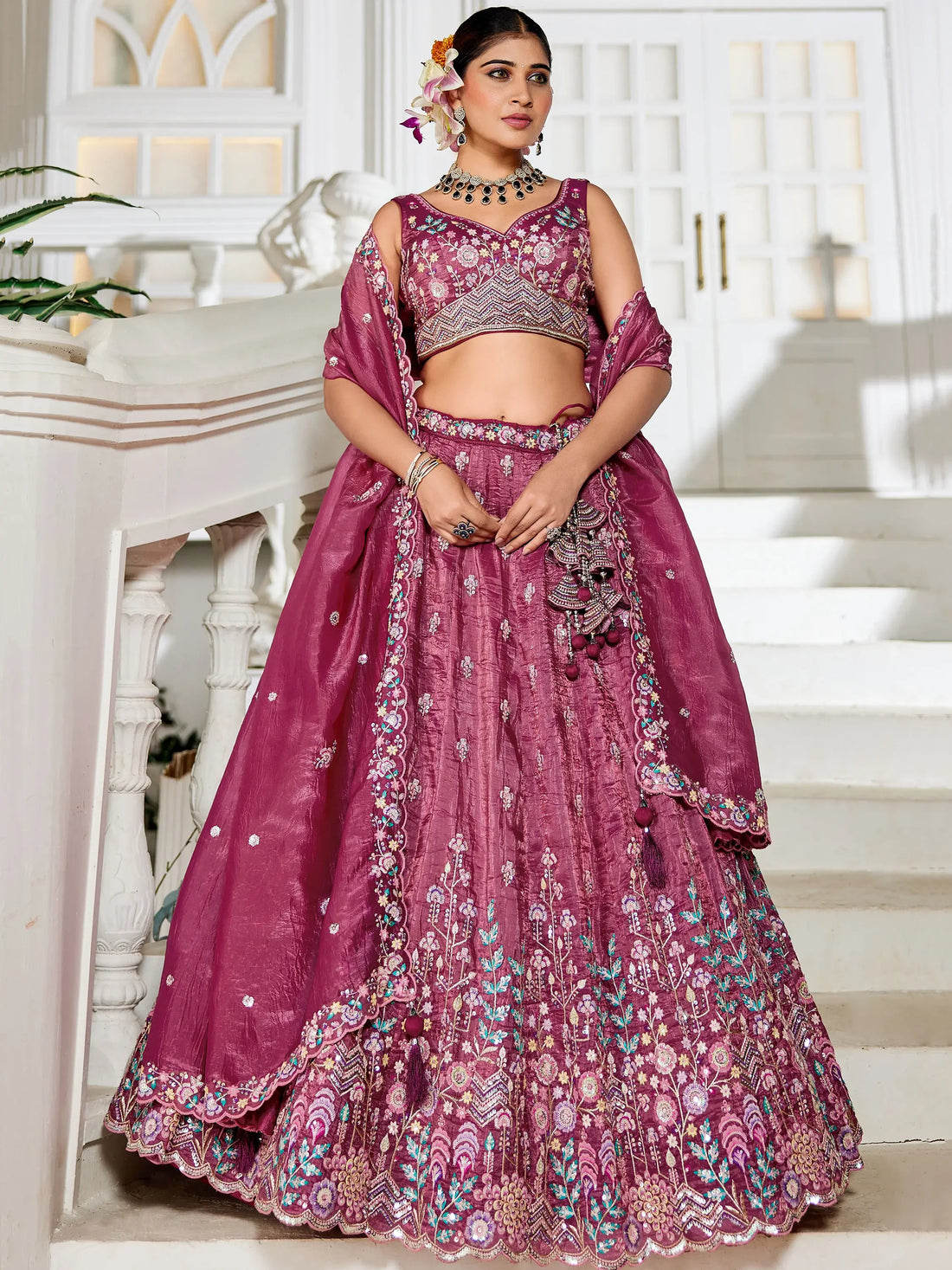 Stunning Burgundy Sequins Tissue Silk Bridesmaid Lehenga Choli - Zeel Clothing