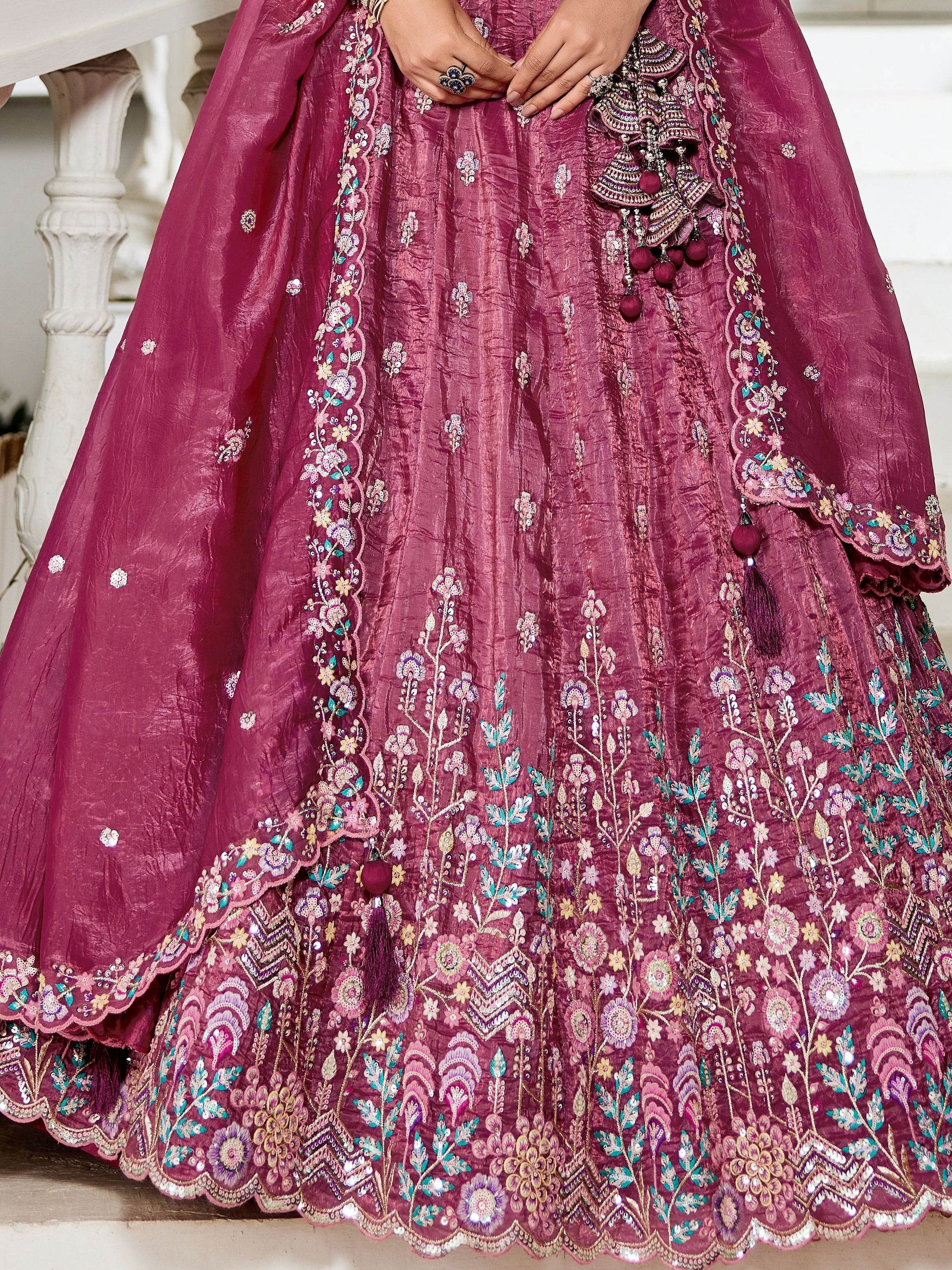 Stunning Burgundy Sequins Tissue Silk Bridesmaid Lehenga Choli - Zeel Clothing