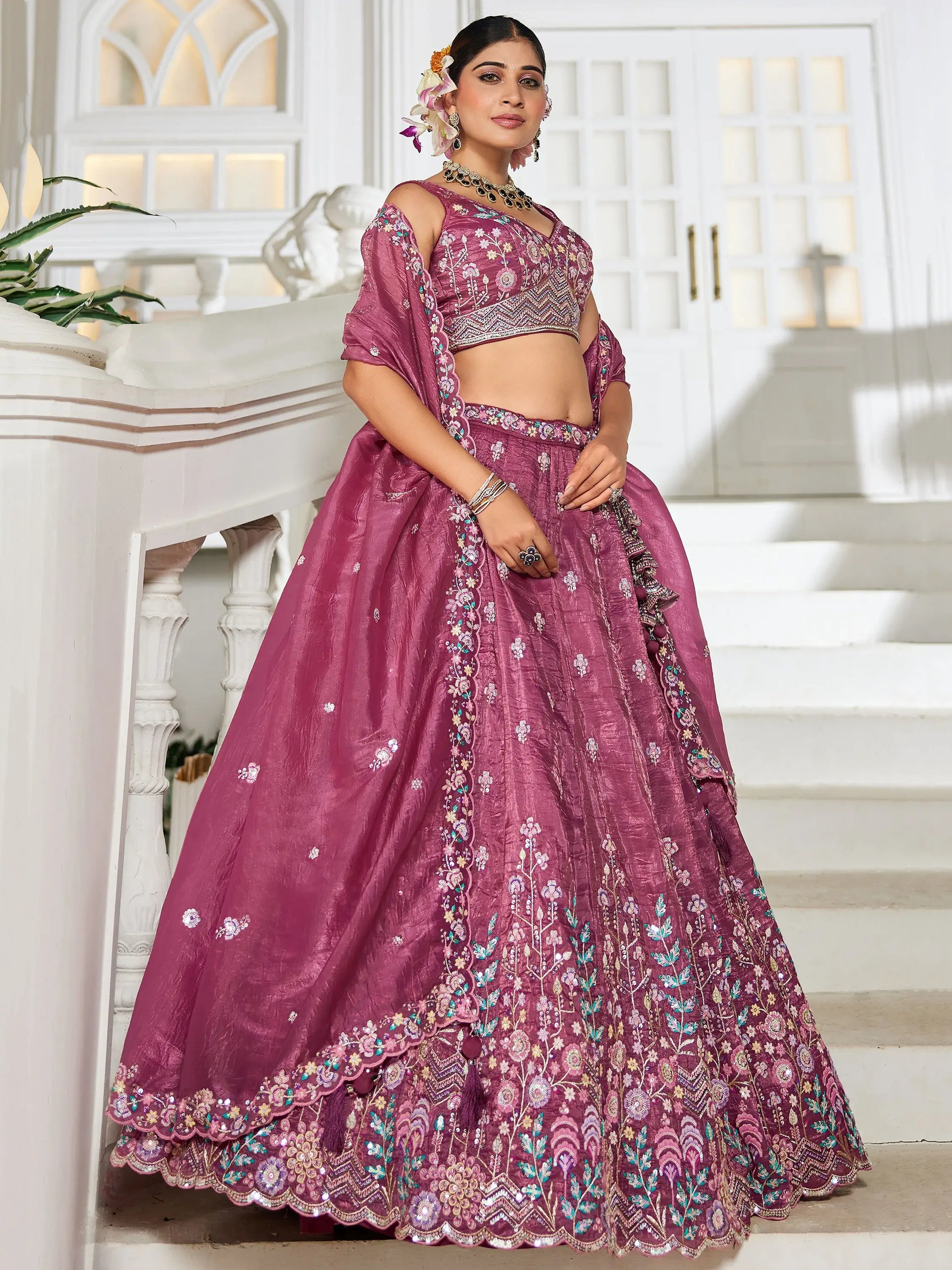 Stunning Burgundy Sequins Tissue Silk Bridesmaid Lehenga Choli - Zeel Clothing