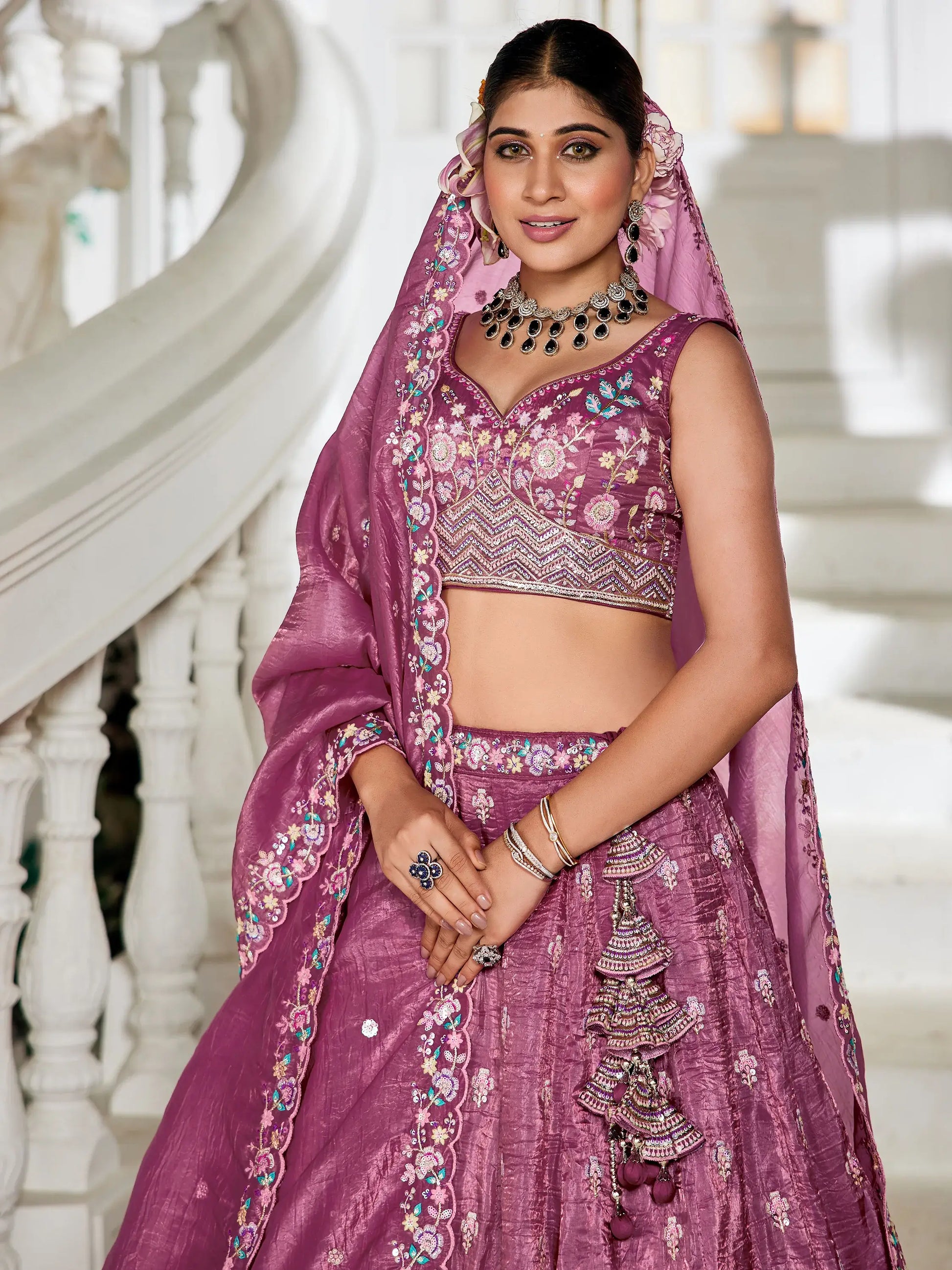 Stunning Burgundy Sequins Tissue Silk Bridesmaid Lehenga Choli - Zeel Clothing