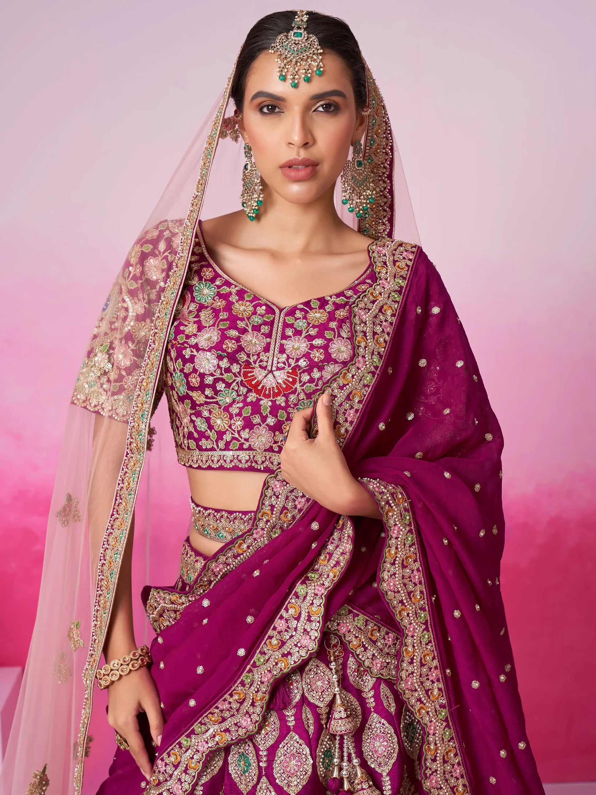 Stunning Burgundy Thread Work Silk Lehenga Choli With Double Dupatta - Zeel Clothing