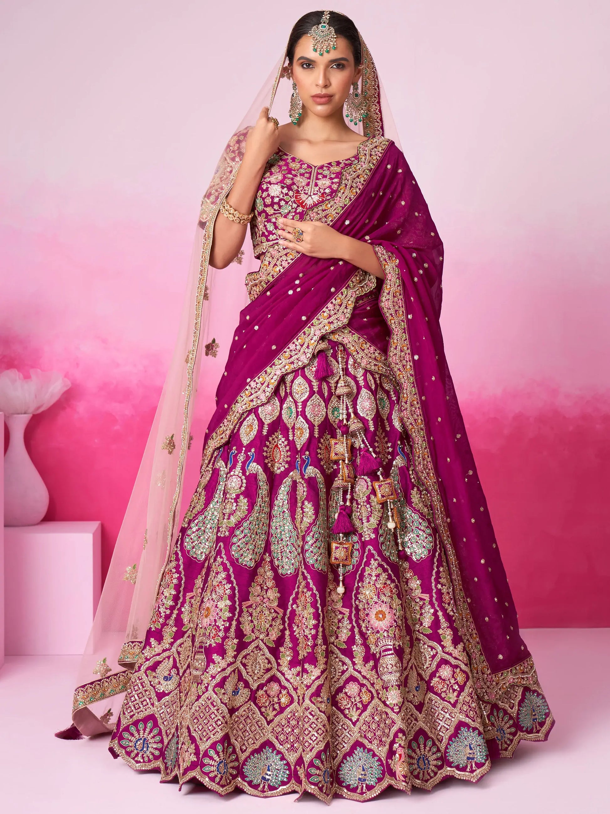 Stunning Burgundy Thread Work Silk Lehenga Choli With Double Dupatta - Zeel Clothing