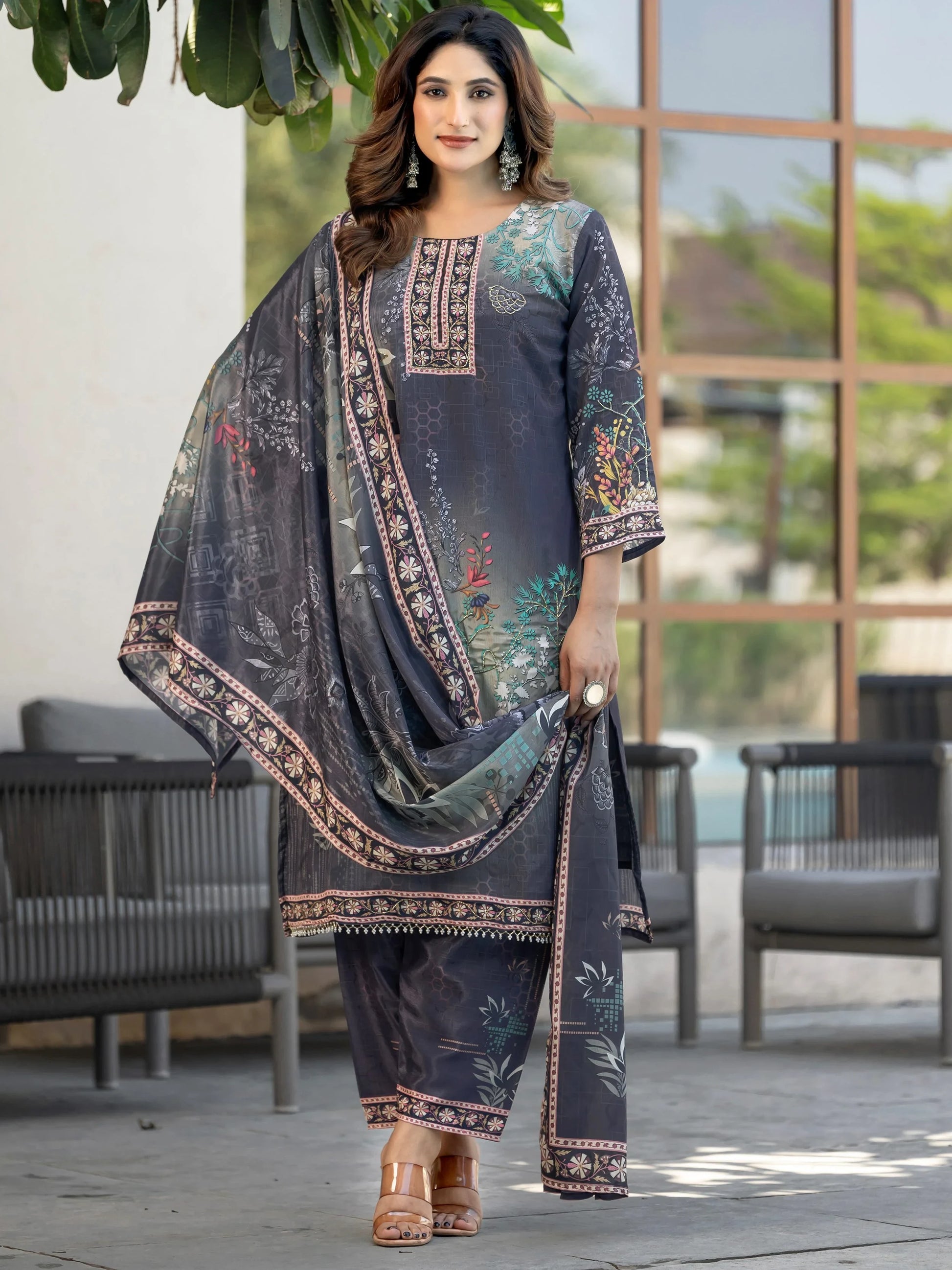 Stunning Charcoal Grey Digital Print Chinon Evening Wear Palazzo Suit