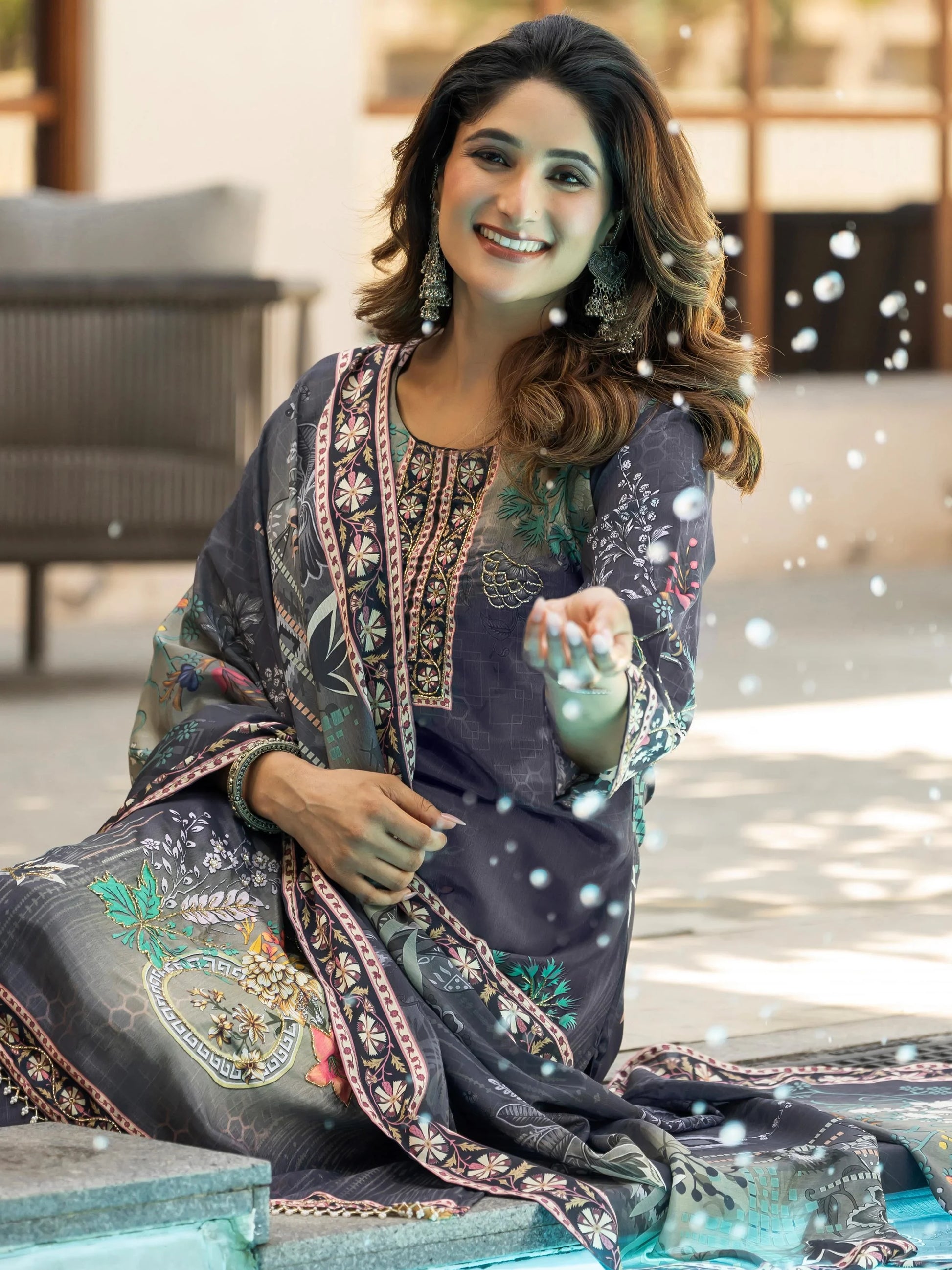 Stunning Charcoal Grey Digital Print Chinon Evening Wear Palazzo Suit