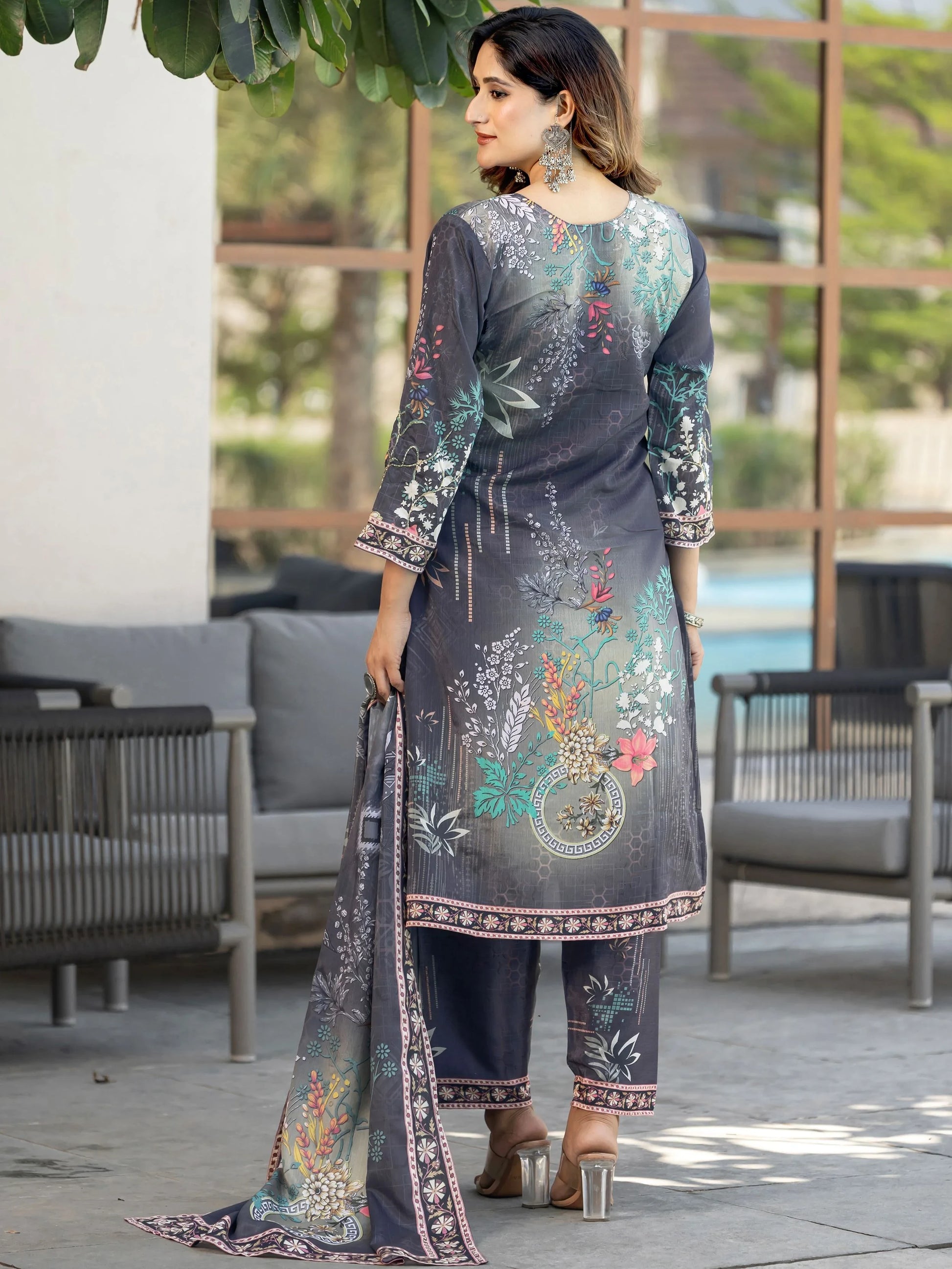 Stunning Charcoal Grey Digital Print Chinon Evening Wear Palazzo Suit