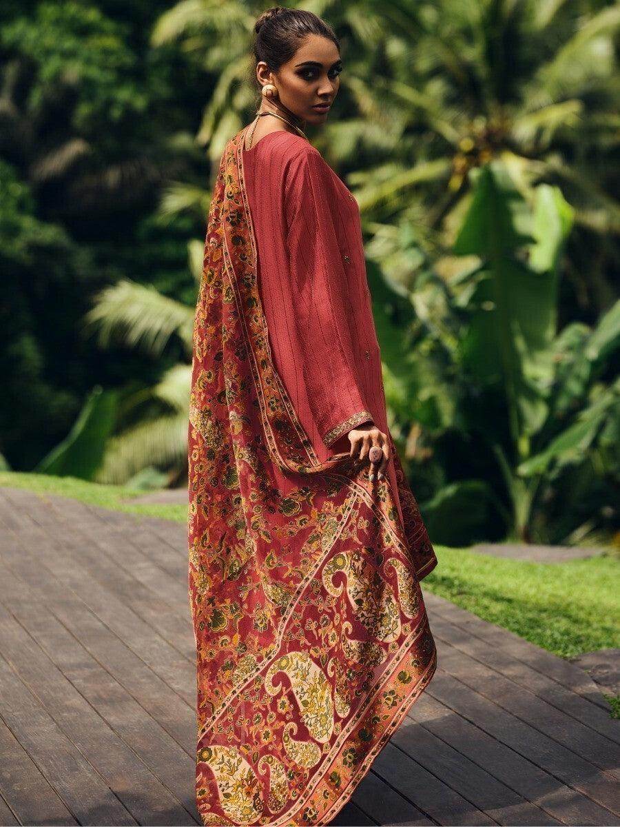 Stunning Coral Red Embroidered Muslin Silk Pakistani Salwar Suit - Zeel Clothing