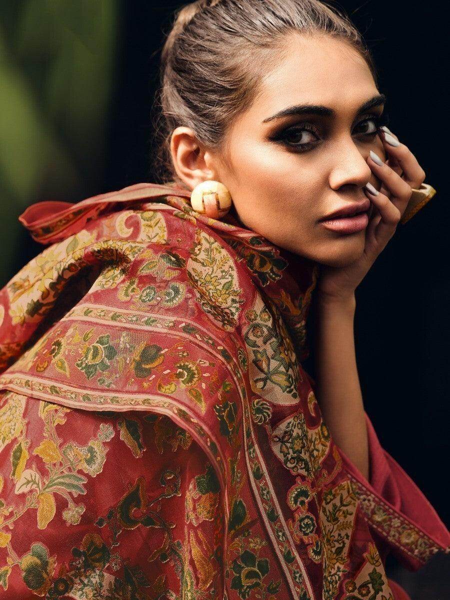 Stunning Coral Red Embroidered Muslin Silk Pakistani Salwar Suit - Zeel Clothing