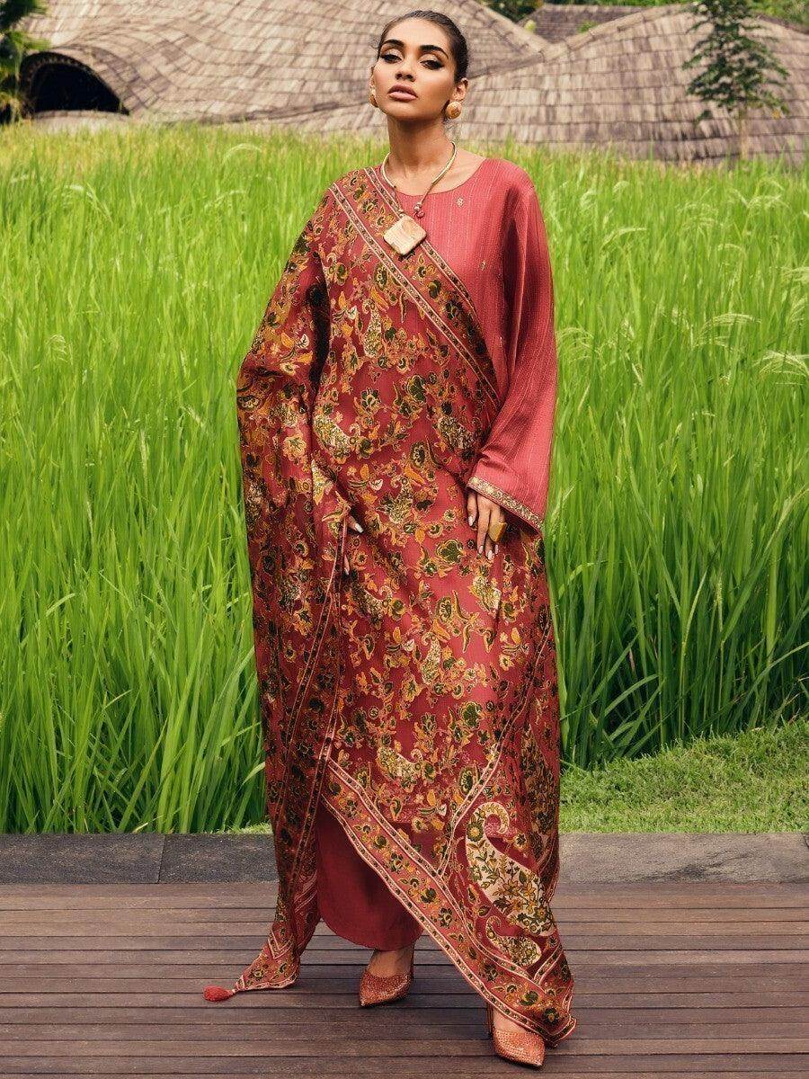 Stunning Coral Red Embroidered Muslin Silk Pakistani Salwar Suit - Zeel Clothing